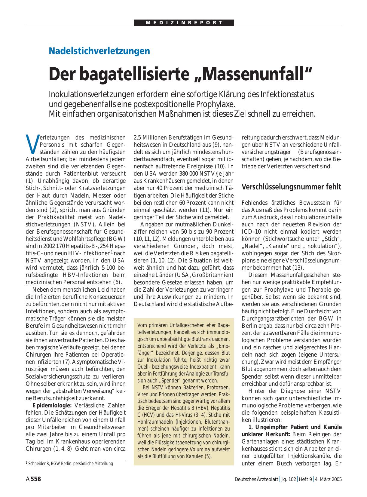 Vorschauseite 1: Nadelstichverletzungen: Der bagatellisierte „Massenunfall“