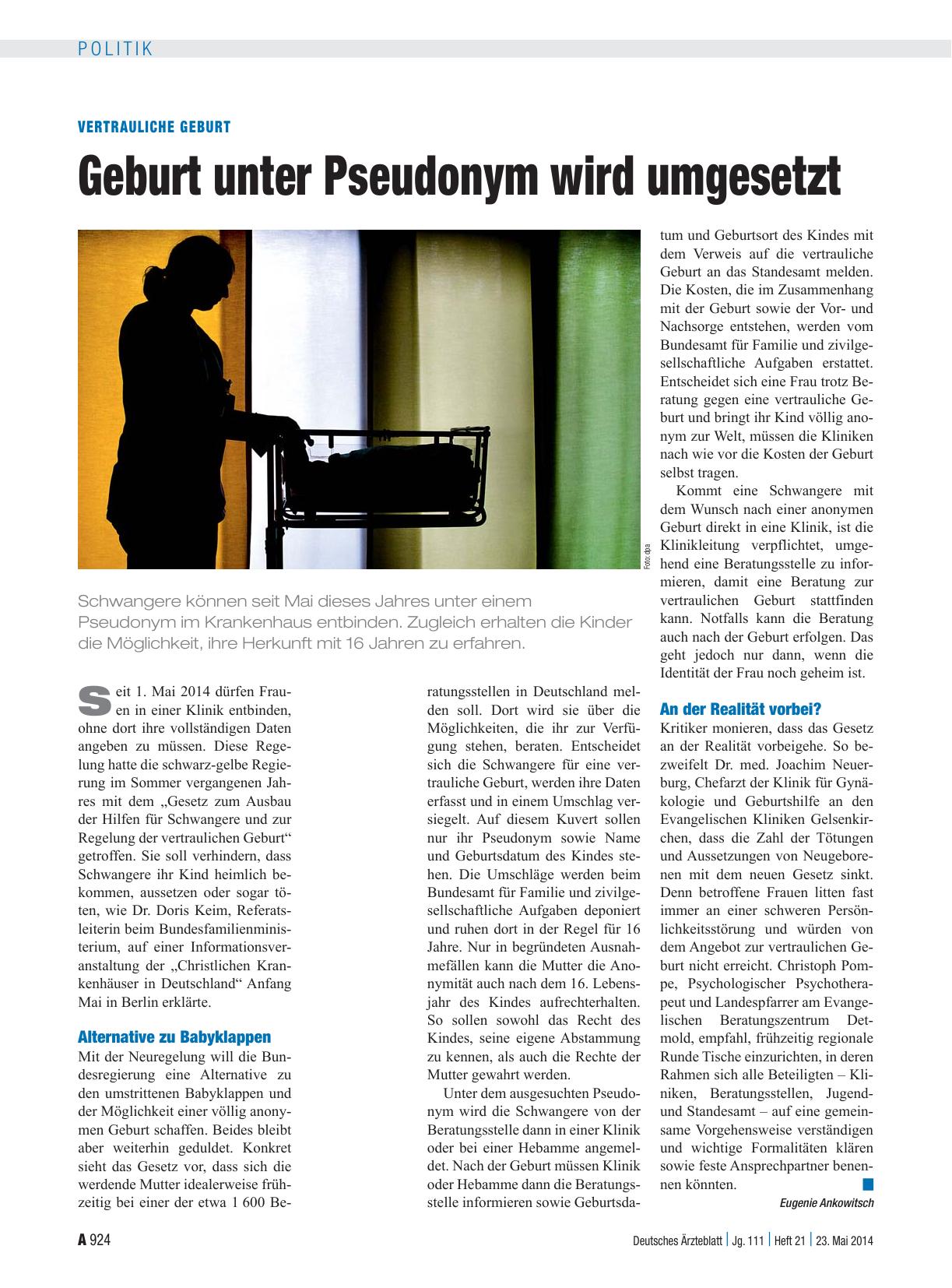 Vorschauseite 1: Vertrauliche Geburt: Geburt unter Pseudonym wird umgesetzt