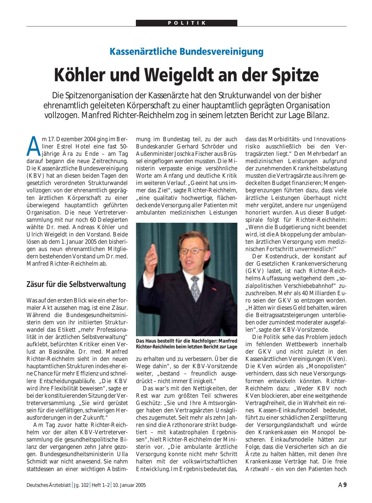 Vorschauseite 1: Kassenärztliche Bundesvereinigung: Köhler und Weigeldt an der Spitze