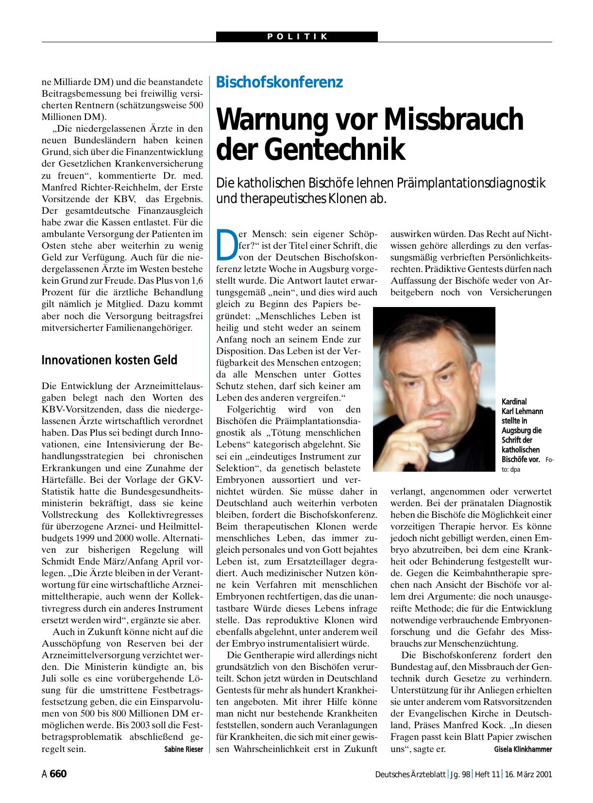 Vorschauseite 1: Bischofskonferenz: Warnung vor Missbrauch der Gentechnik
