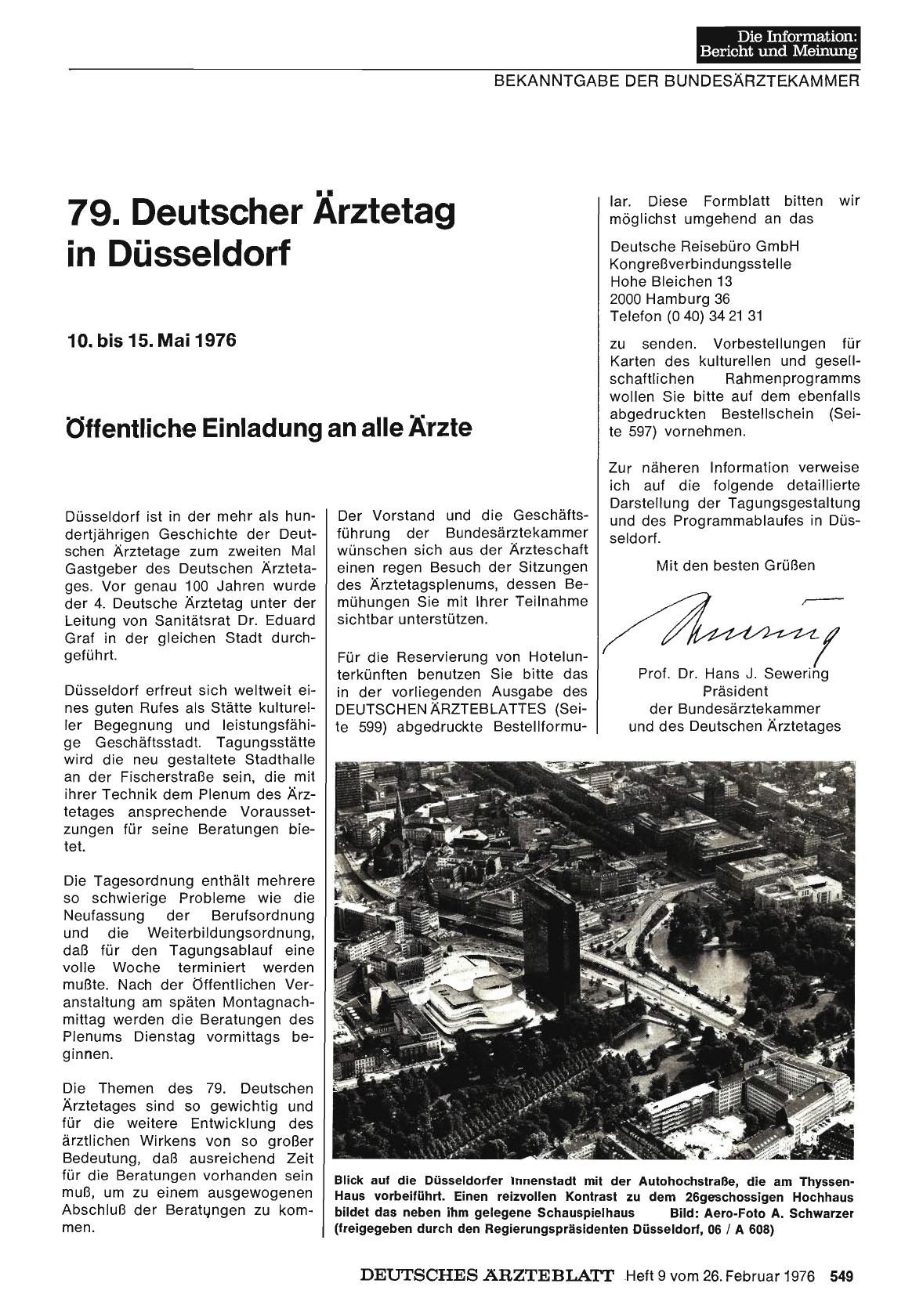 Vorschauseite 1: 79. Deutscher Ärztetag in Düsseldorf: 10. bis 15. Mai 1976 — Öffentliche Einladung an alle Ärzte