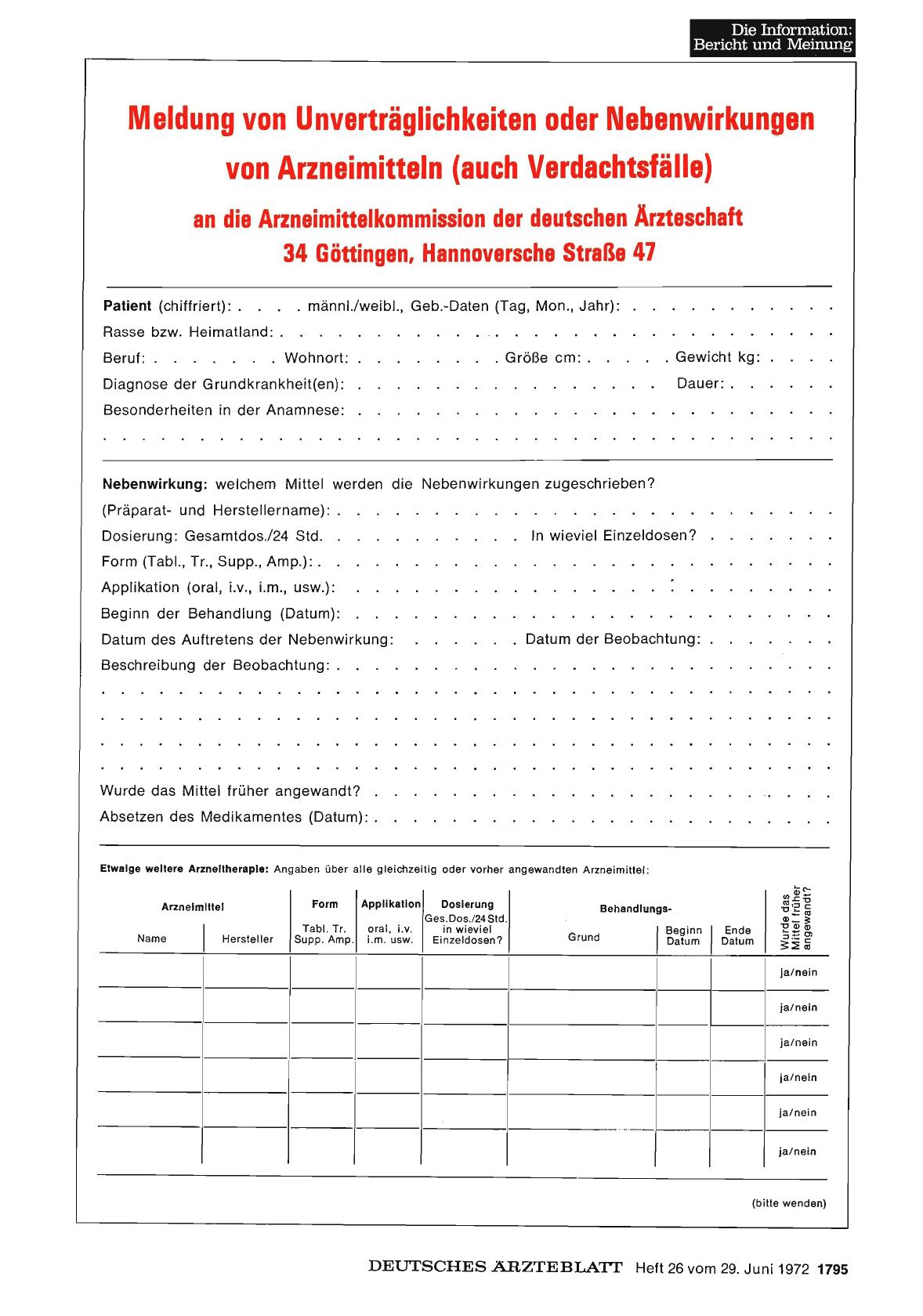 Vorschauseite 1: Meldung von Unverträglichkeiten oder Nebenwirkungen von Arzneimitteln