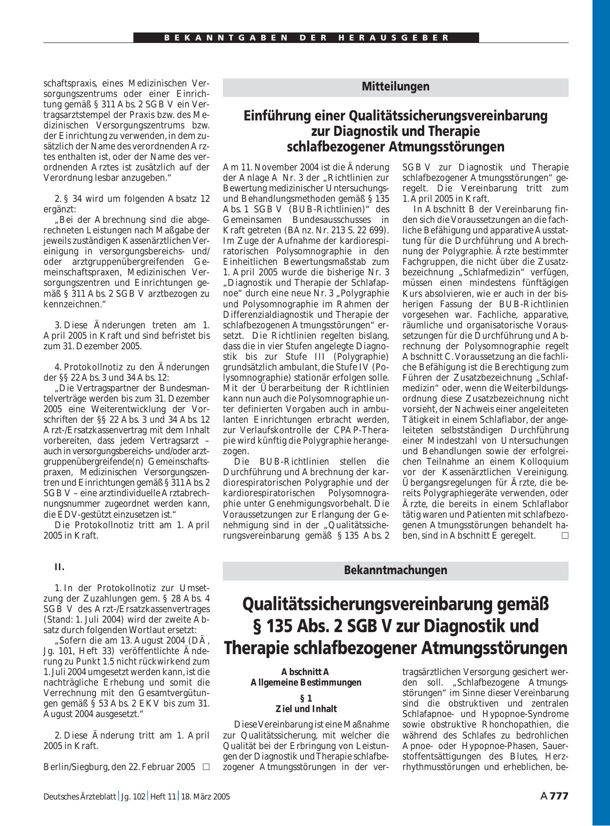 Vorschauseite 1: Bekanntmachungen: Qualitätssicherungsvereinbarung gemäß § 135 Abs. 2 SGB V zur Diagnostik und Therapie schlafbezogener Atmungsstörungen