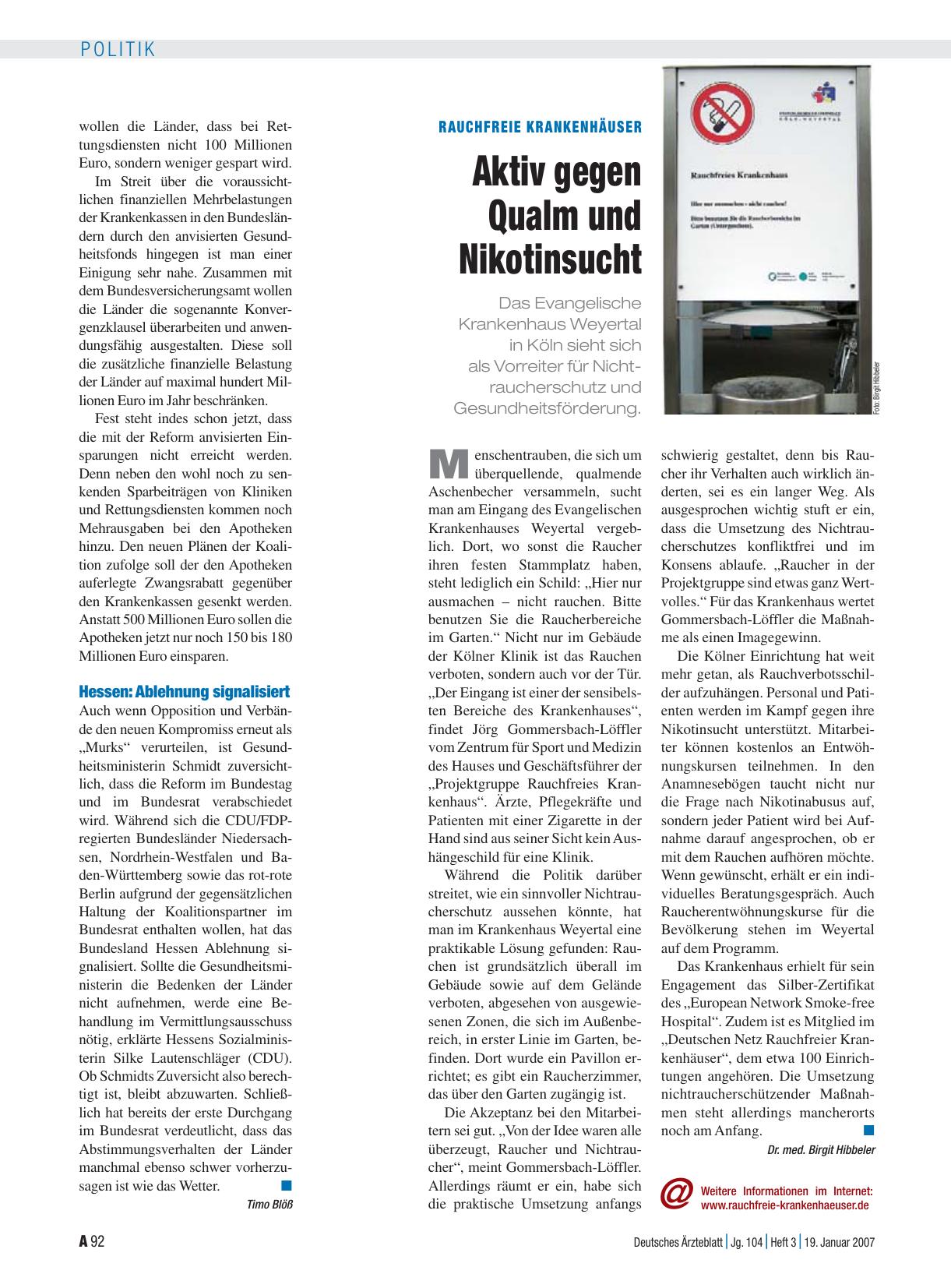 Vorschauseite 1: Rauchfreie Krankenhäuser: Aktiv gegen Qualm und Nikotinsucht