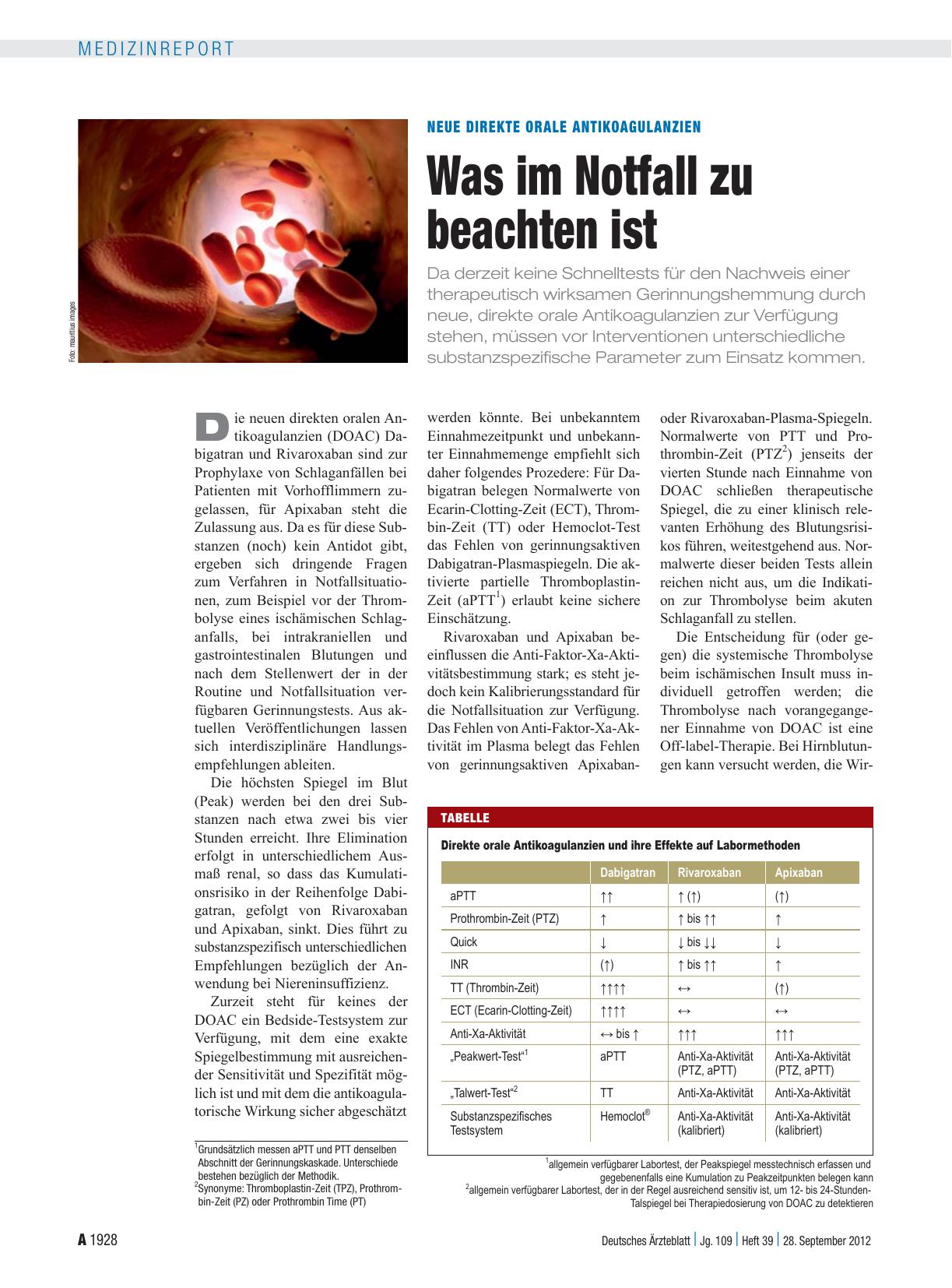 Vorschauseite 1: Neue direkte Orale Antikoagulanzien: Was im Notfall zu beachten ist
