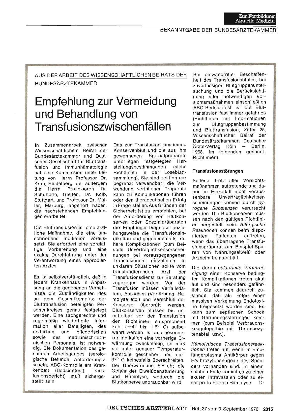 Vorschauseite 1: AUS DER ARBEIT DES WISSENSCHAFTLICHEN BEIRATS DER BUNDESÄRZTEKAMMER: Empfehlung zur Vermeidung und Behandlung von Transfusionszwischenfällen