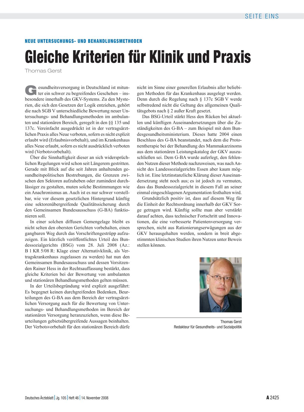 Vorschauseite 1: Neue Untersuchungsund Behandlungsmethoden: Gleiche Kriterien für Klinik und Praxis