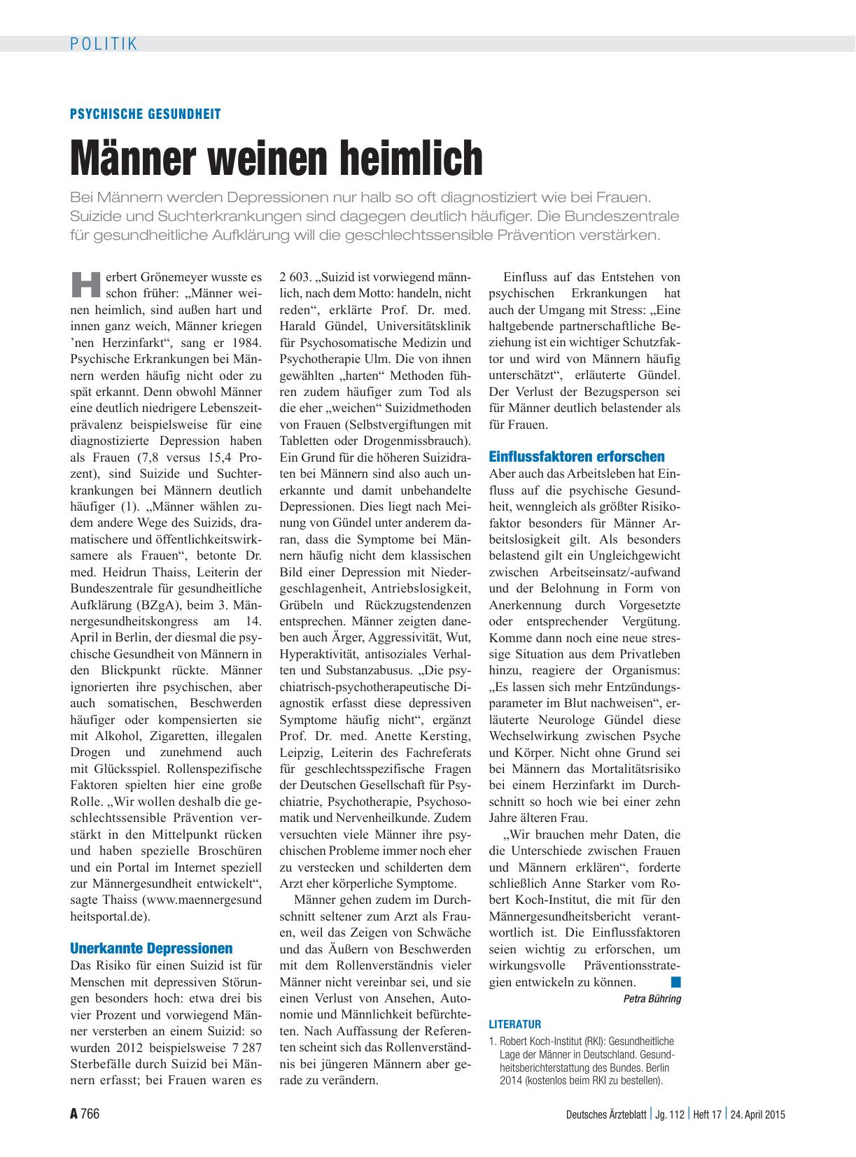 Vorschauseite 1: Psychische Gesundheit: Männer weinen heimlich