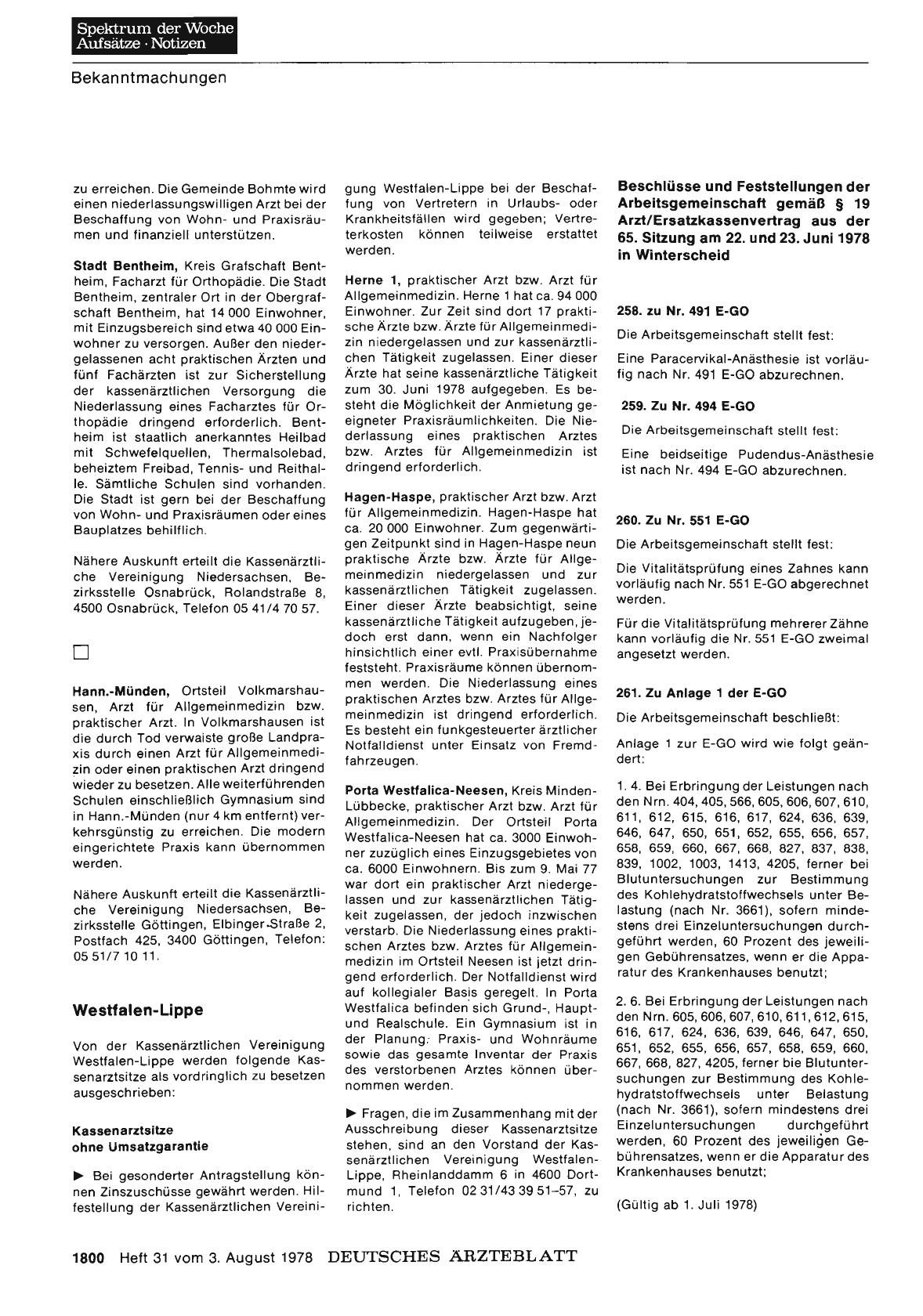 Vorschauseite 1: Beschlüsse und Feststellungen der Arbeitsgemeinschaft gemäß § 19 Arzt/Ersatzkassenvertrag aus der 65. Sitzung am 22. und 23. Juni 1978 in Winterscheid