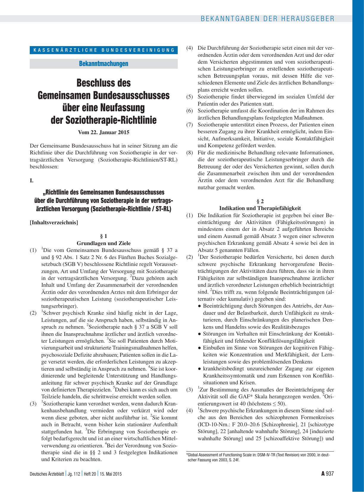Vorschauseite 1: Beschluss des Gemeinsamen Bundesausschusses über eine Neufassung der Soziotherapie-Richtlinie „Richtlinie des Gemeinsamen Bundesausschusses über die Durchführung von Soziotherapie…