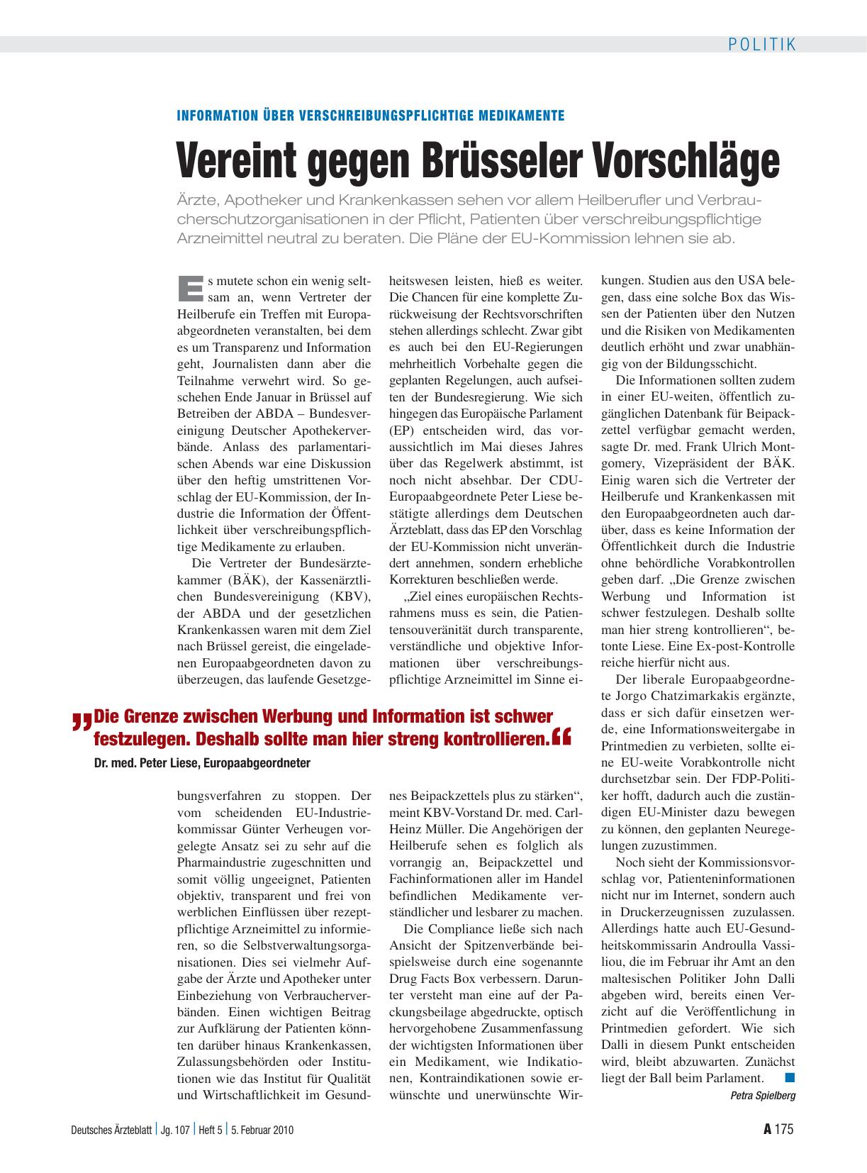 Vorschauseite 1: Information über verschreibungspflichtige Medikamente: Vereint gegen Brüsseler Vorschläge