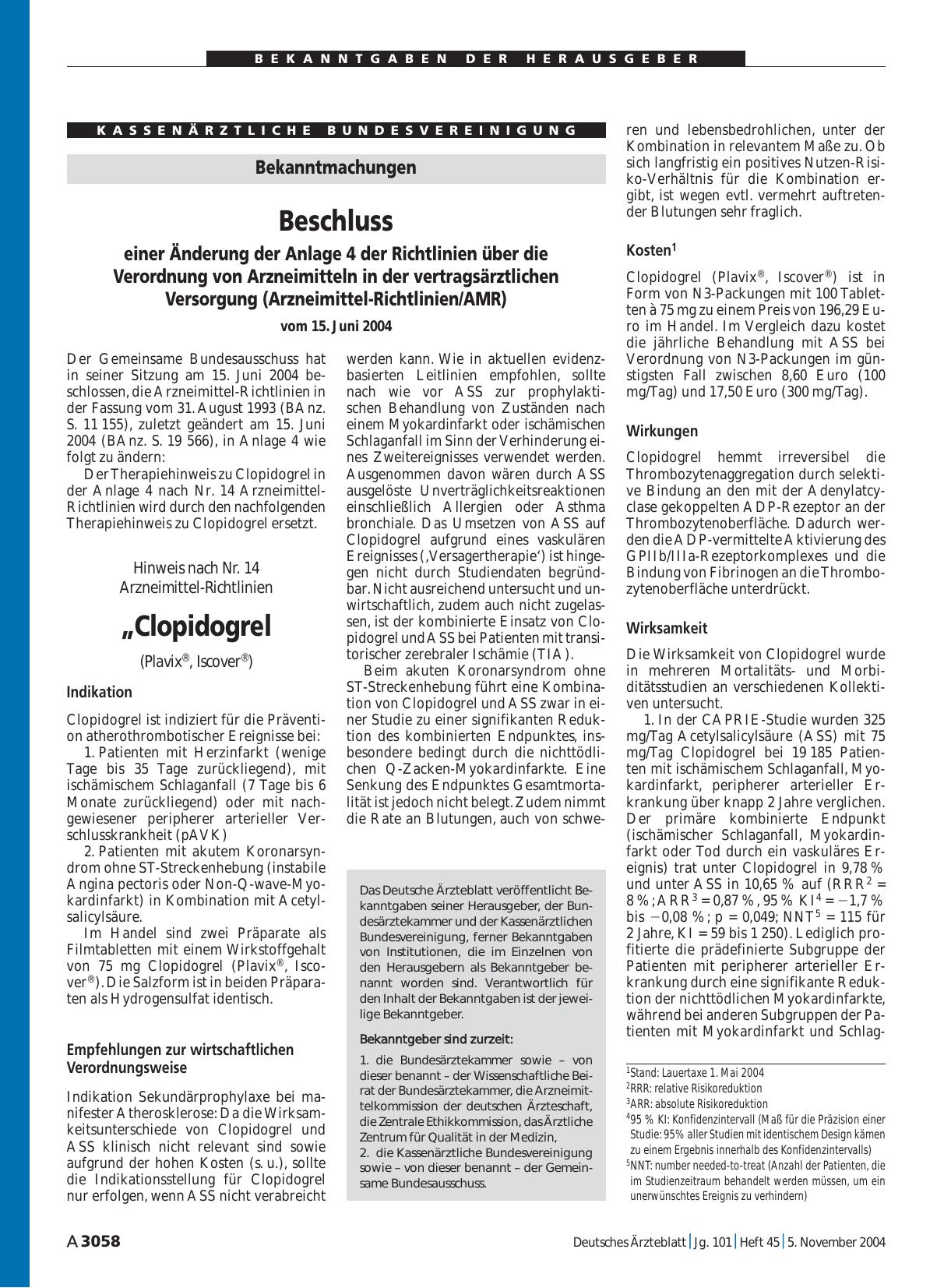 Vorschauseite 1: Bekanntmachungen: Beschluss einer Änderung der Anlage 4 der Richtlinien über die Verordnung von Arzneimitteln in der vertragsärztlichen Versorgung (Arzneimittel-Richtlinien/AMR) v…
