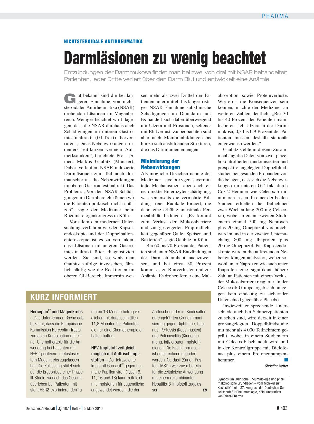 Vorschauseite 1: Nichtsteroidale Antirheumatika: Darmläsionen zu wenig beachtet