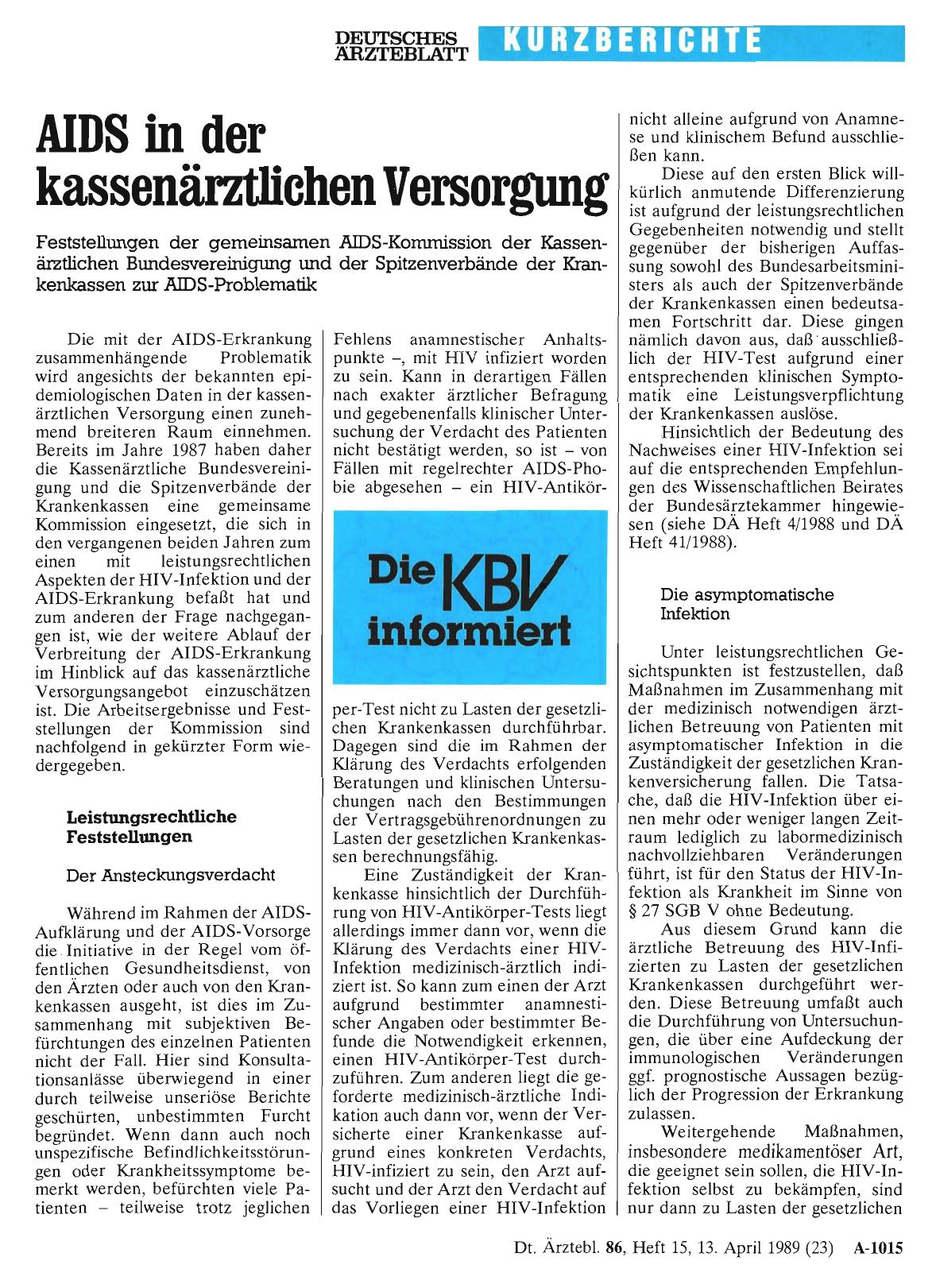 Vorschauseite 1: AIDS in der kassenärztlichen Versorgung