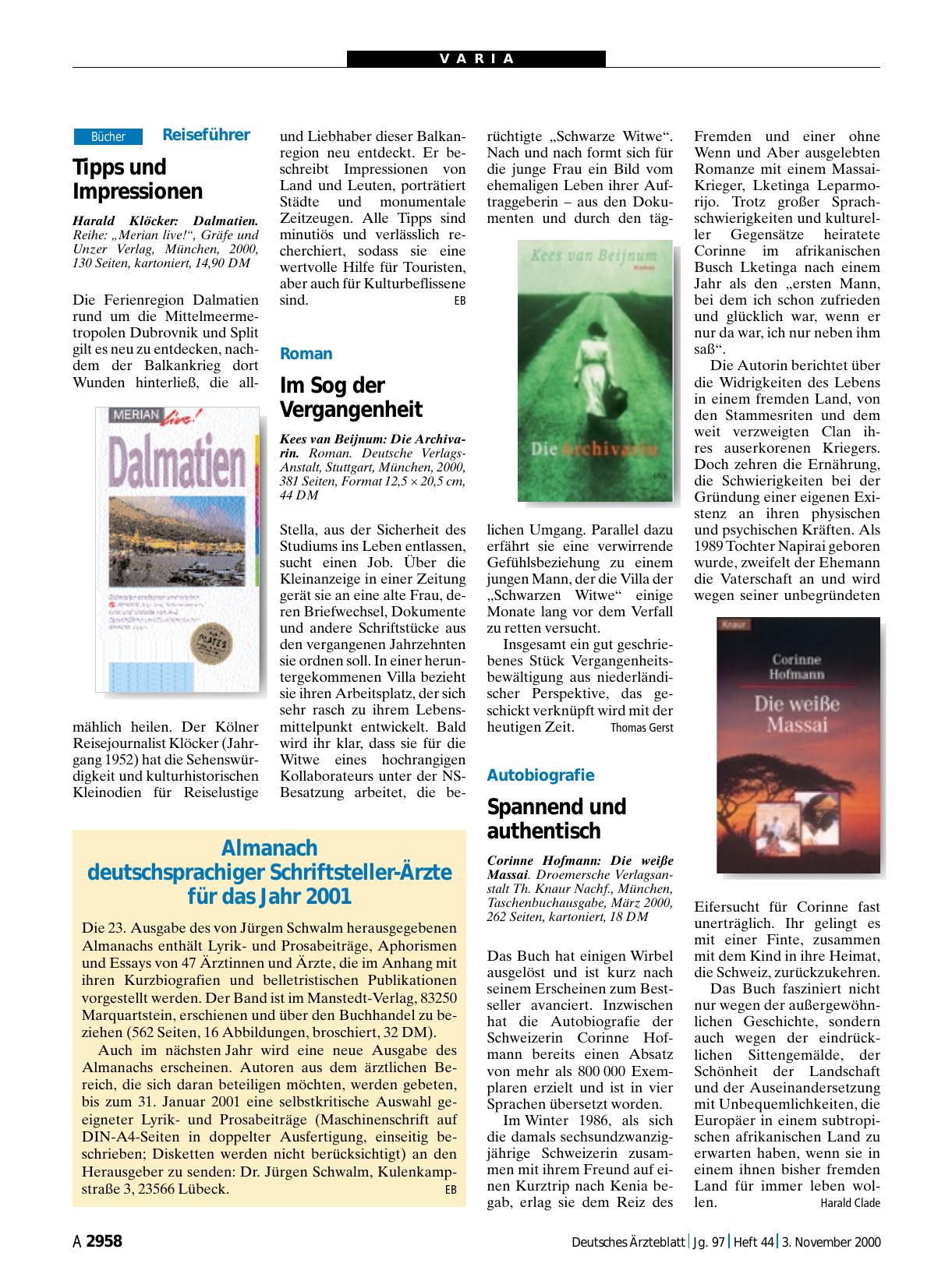 Vorschauseite 1: Almanach deutschsprachiger Schriftsteller-Ärzte für das Jahr 2001