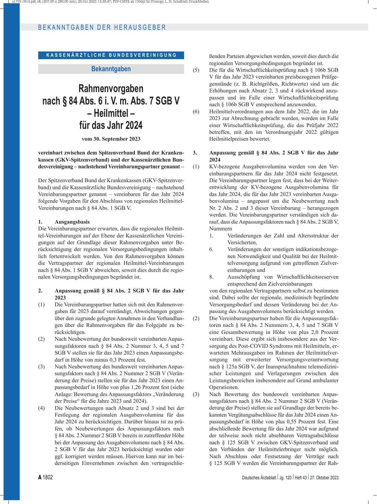 Vorschauseite 1: Rahmenvorgaben nach § 84 Abs. 6 i. V. m. Abs. 7 SGB V – Heilmittel – für das Jahr 2024