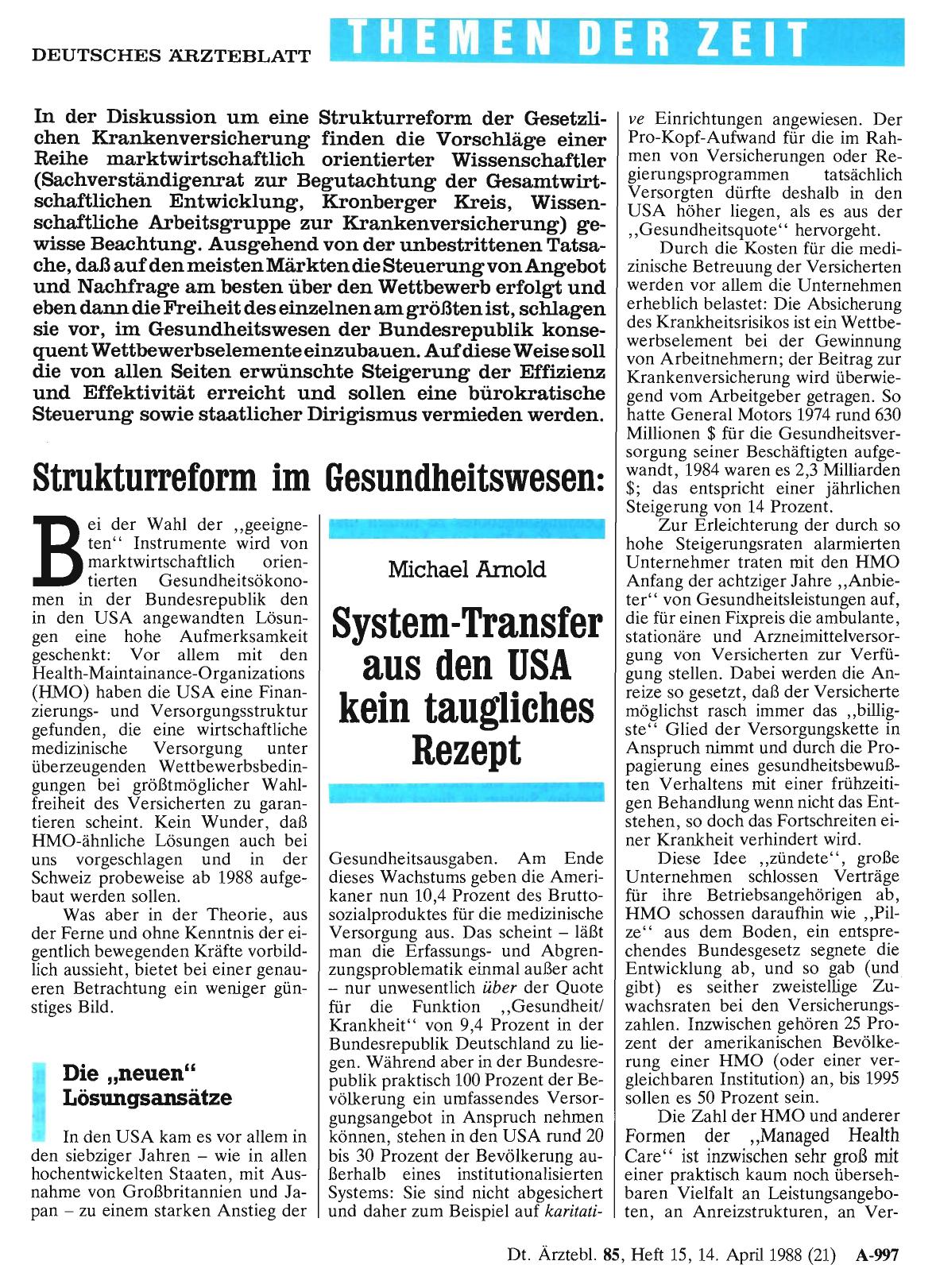 Vorschauseite 1: Strukturreform im Gesundheitswesen: System-Transfer aus den USA kein taugliches Rezept