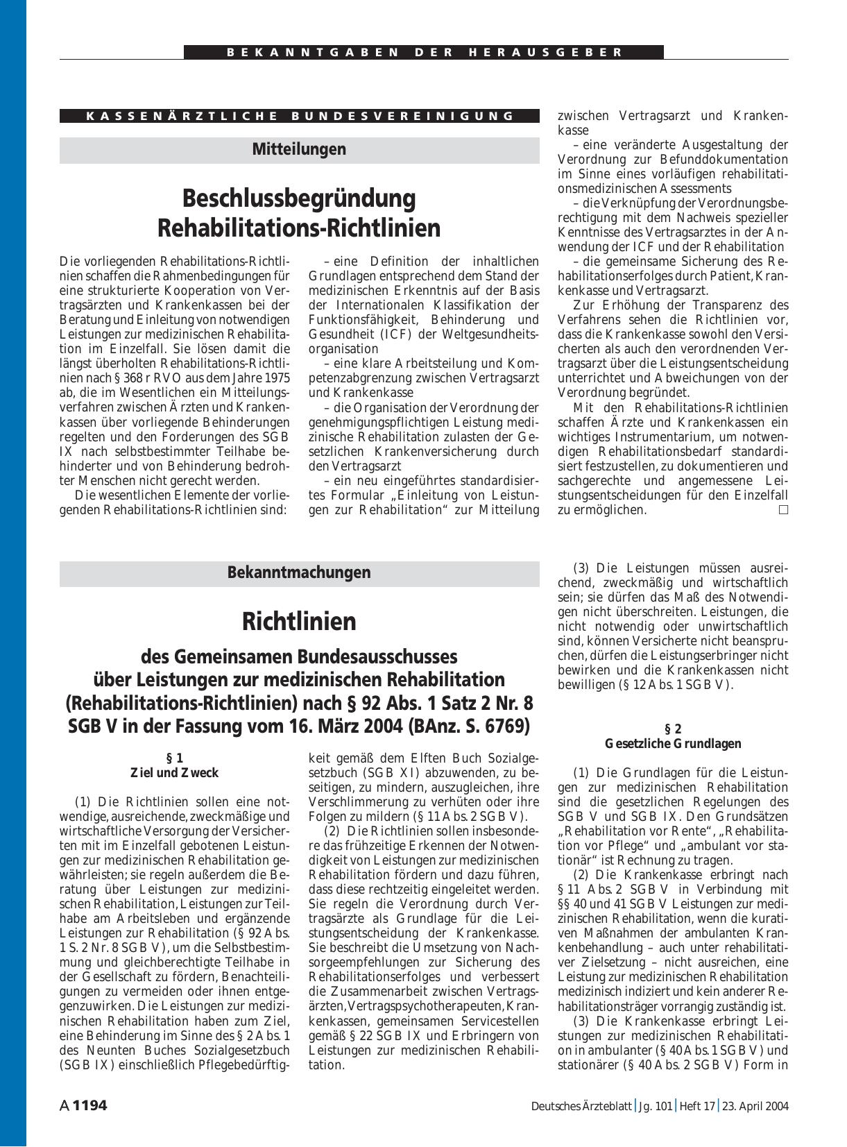 Vorschauseite 1: Mitteilungen: Beschlussbegründung Rehabilitations-Richtlinien