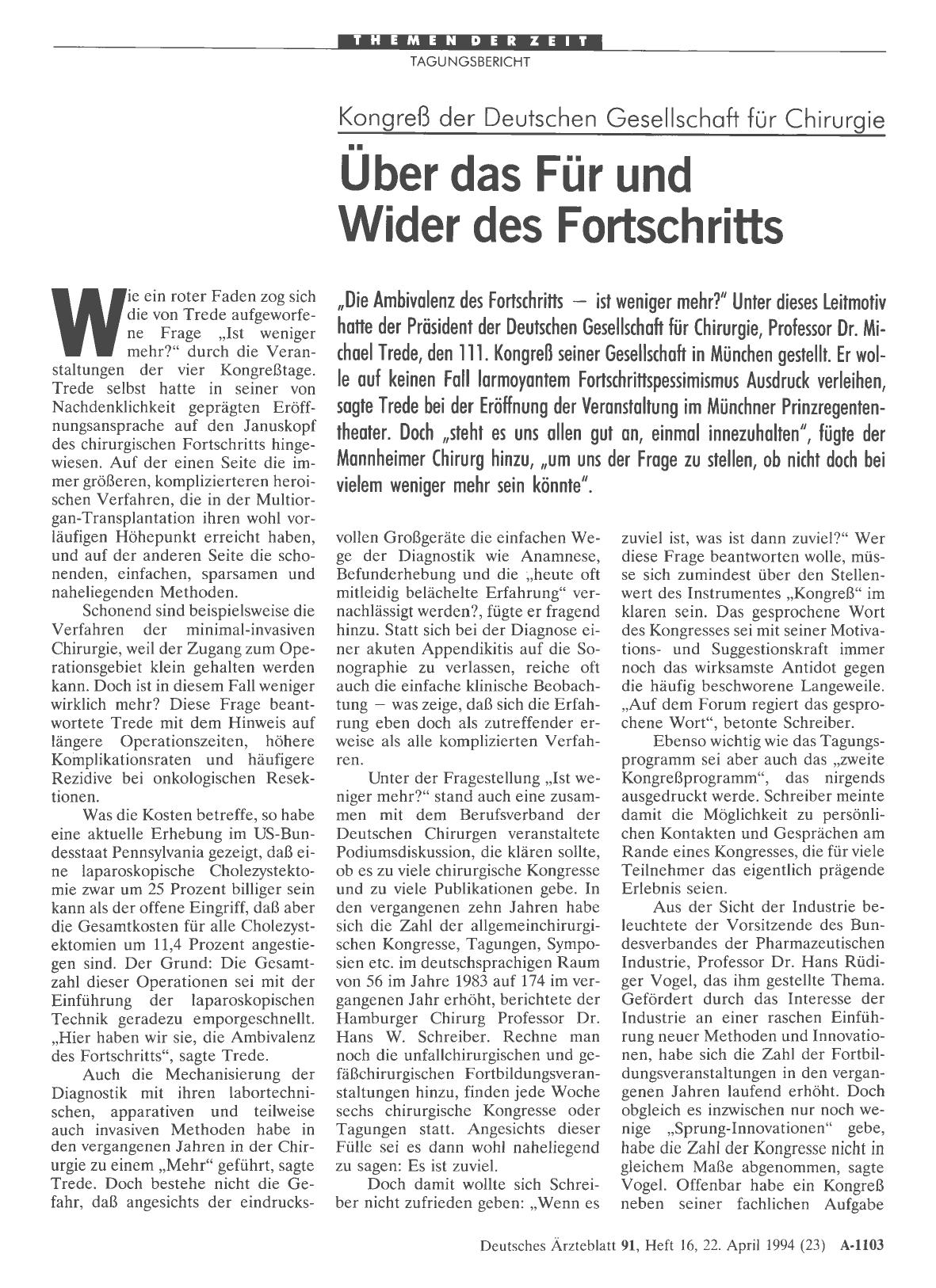 Vorschauseite 1: Kongreß der Deutschen Gesellschaft für Chirurgie: Über das Für und Wider des Fortschritts