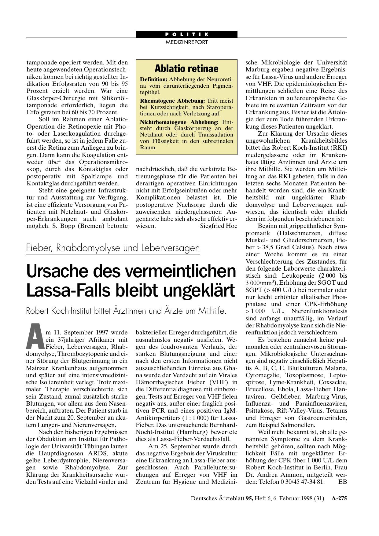 Vorschauseite 1: Fieber, Rhabdomyolyse und Leberversagen: Ursache des vermeintlichen Lassa-Falls bleibt ungeklärt