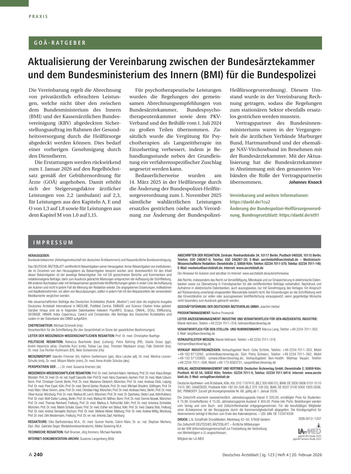 Vorschauseite 1: Aktualisierung der Vereinbarung zwischen der Bundesärztekammer und dem Bundesministerium des Innern (BMI) für die Bundespolizei
