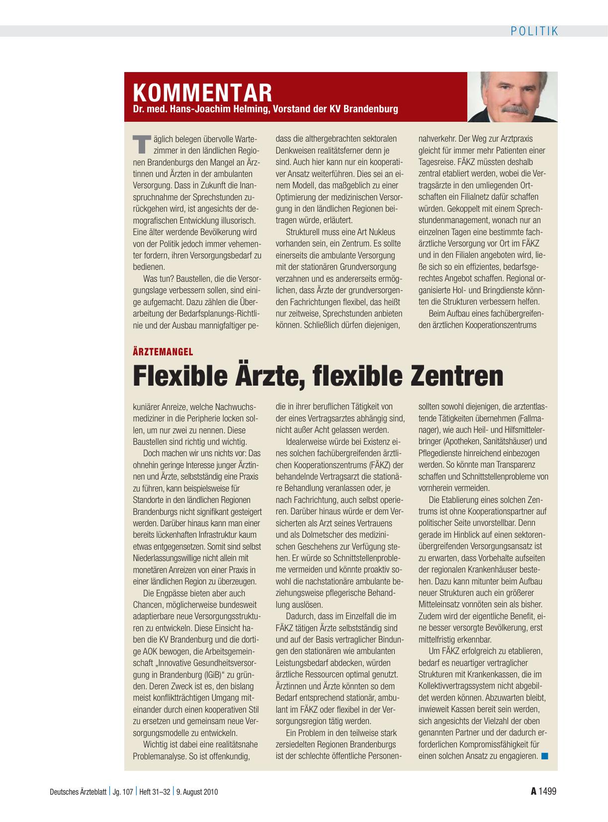 Vorschauseite 1: Ärztemangel: Flexible Ärzte, flexible Zentren
