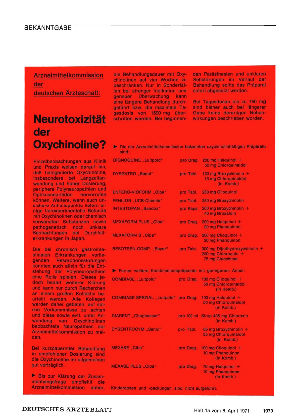 Vorschauseite 1: Arzneimittelkommission der deutschen Ärzteschaft: Neurotoxizität der Oxychinoline?