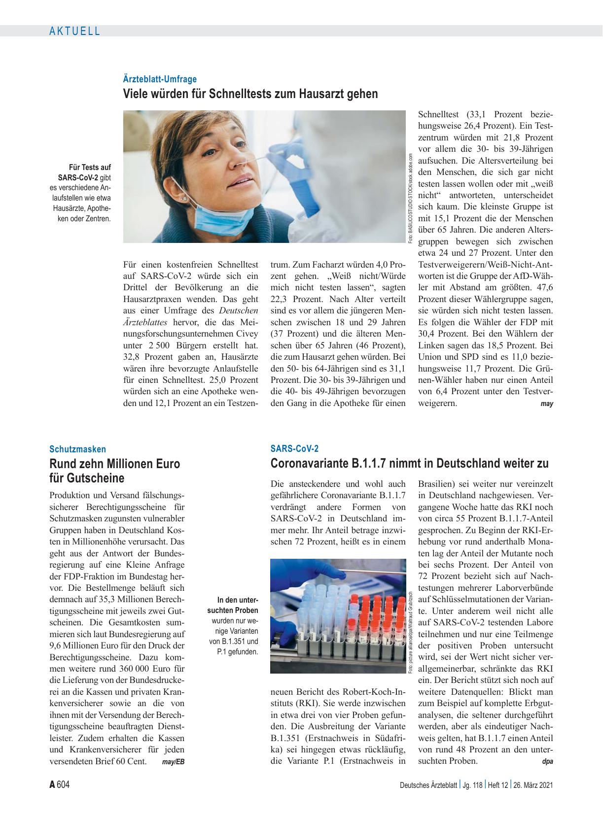 Vorschauseite 1: SARS-CoV-2: Coronavariante B. 1. 1. 7 nimmt in Deutschland weiter zu