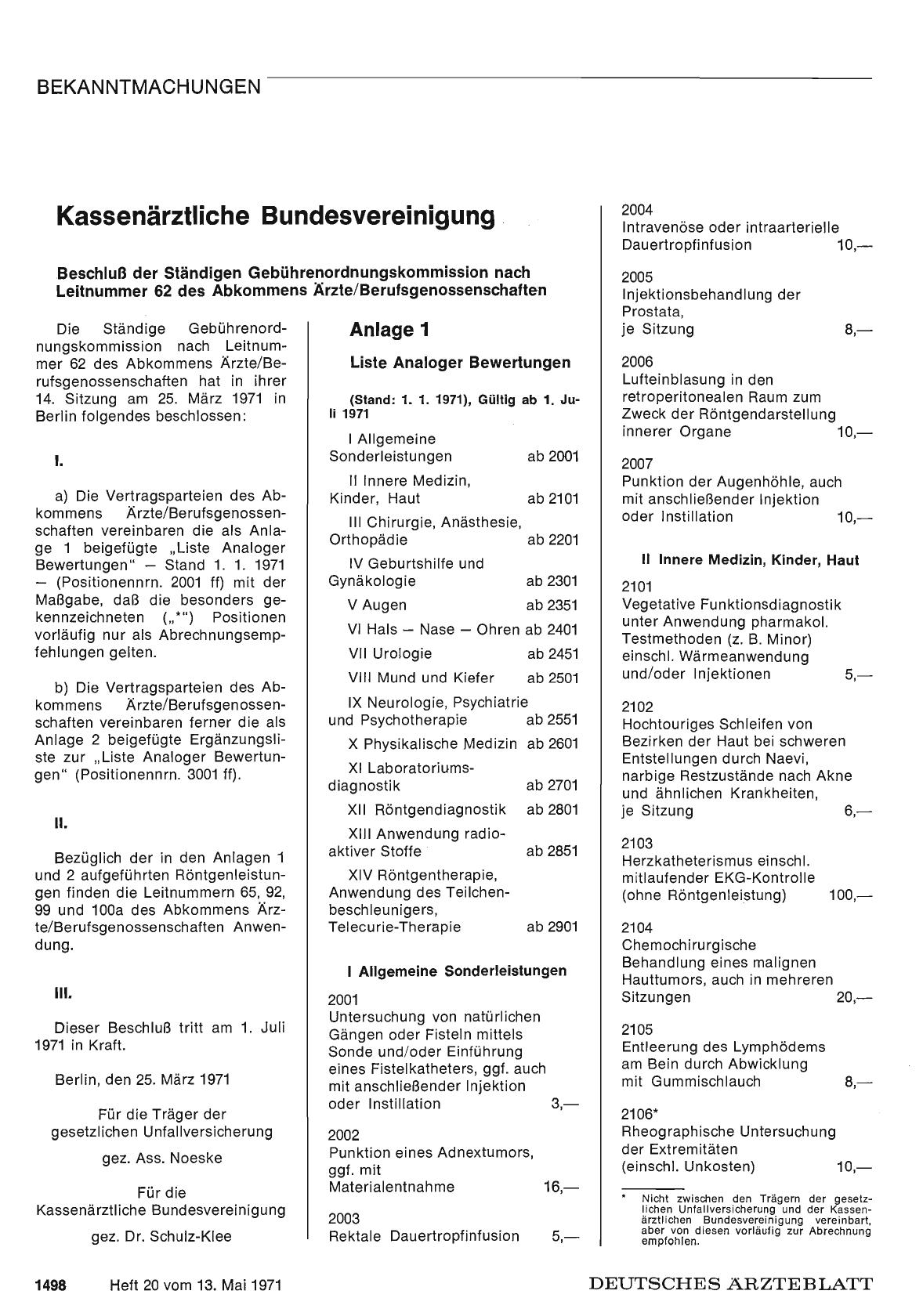 Vorschauseite 1: Kassenärztliche Bundesvereinigung: Beschluß der Ständigen Gebührenordnungskommission nach Leitnummer 62 des Abkommens Ärzte/Berufsgenossenschaften