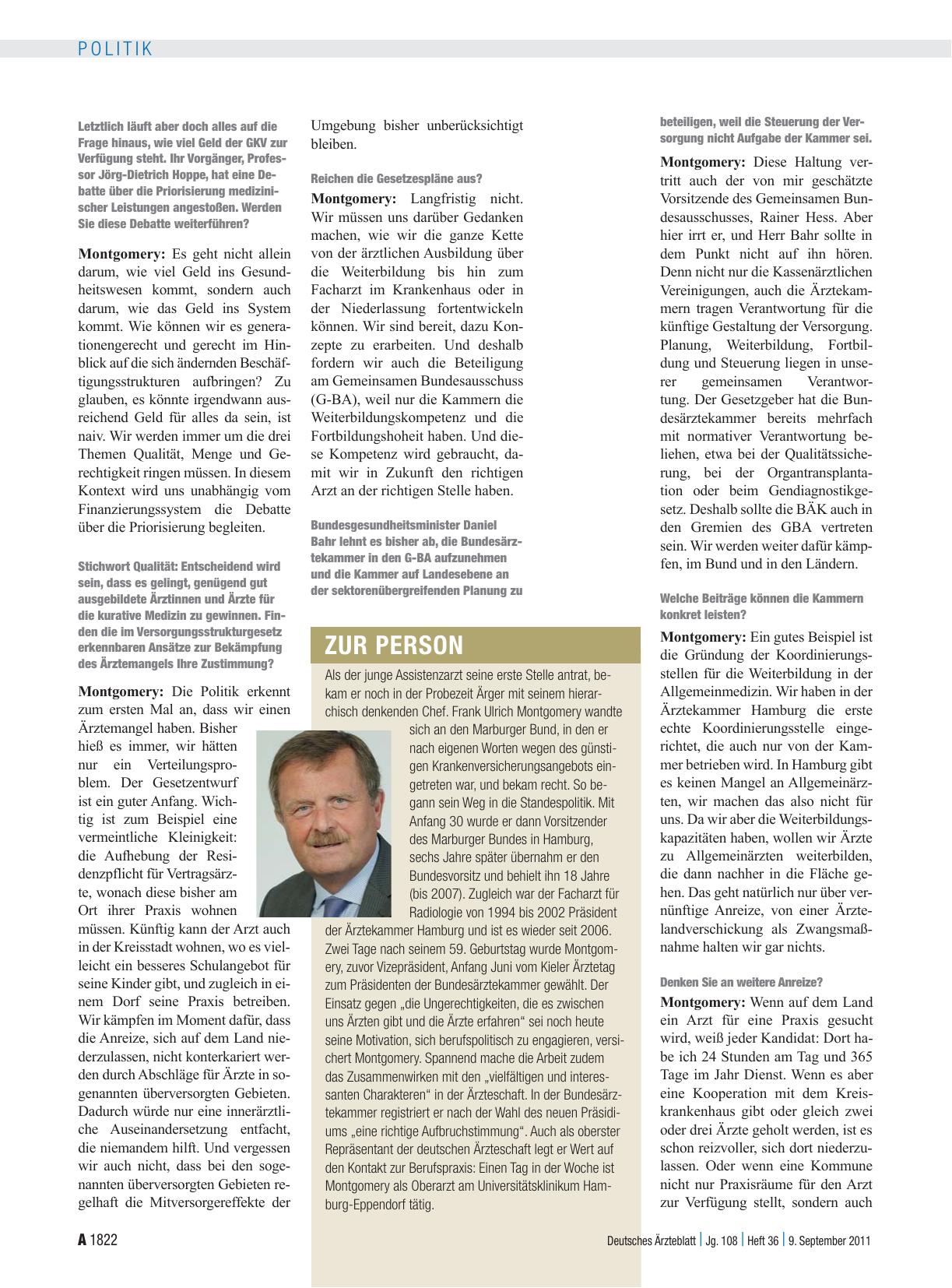 Vorschauseite 2: Interview mit dem Präsidenten der Bundesärztekammer, Dr. med. Frank Ulrich Montgomery: „Die Ärzteschaft muss nach außen geeint auftreten“