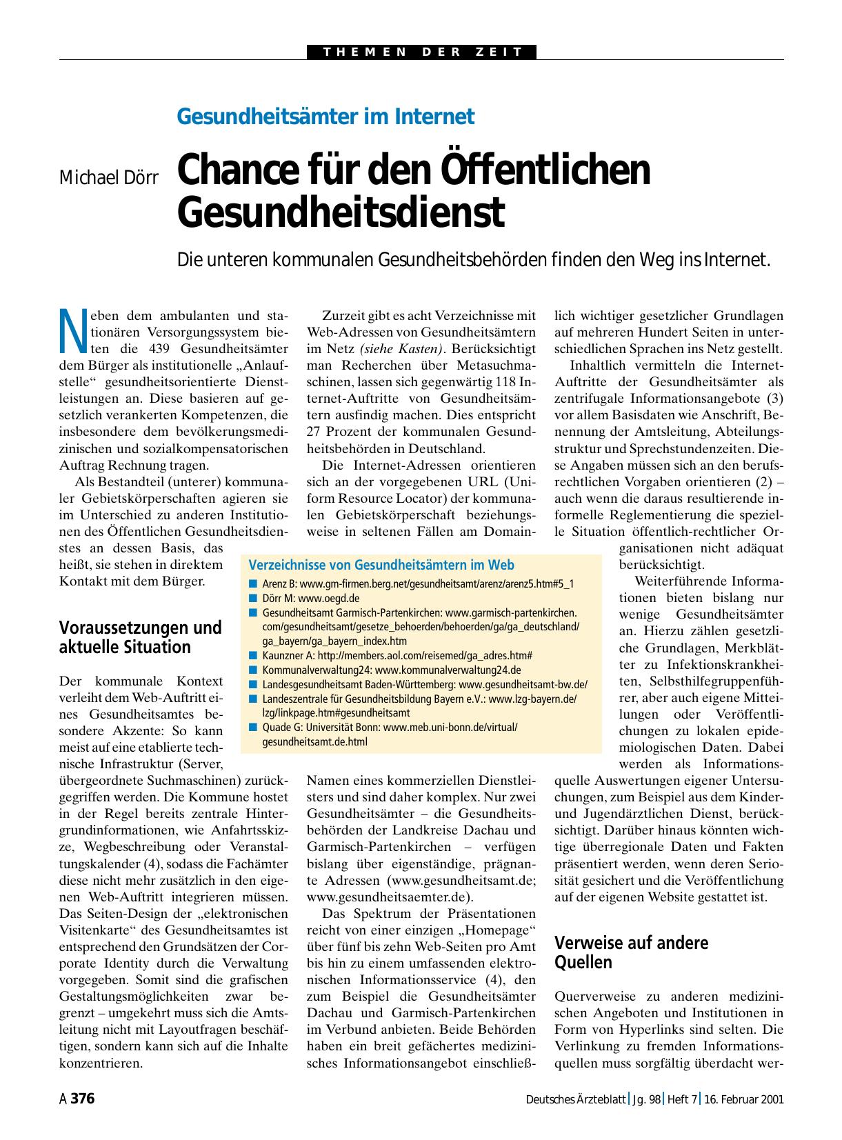 Vorschauseite 1: Gesundheitsämter im Internet: Chance für den Öffentlichen Gesundheitsdienst