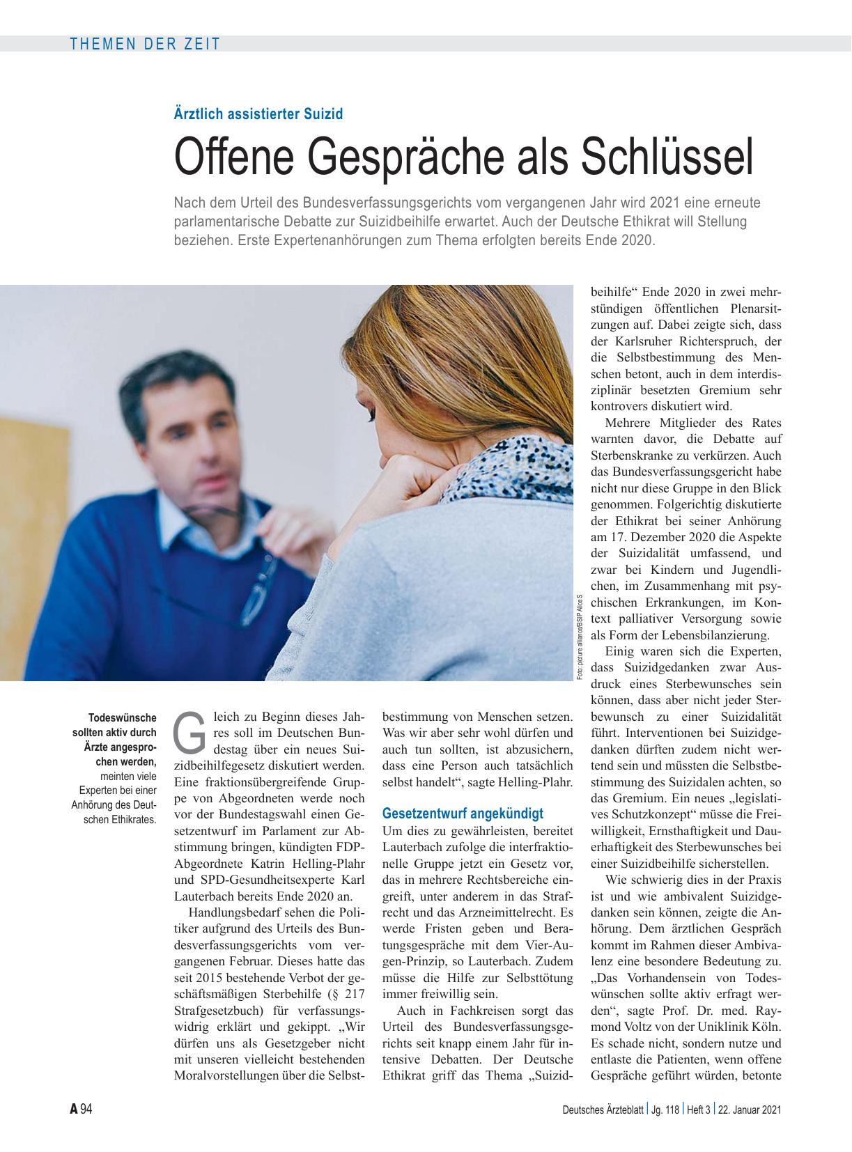 Vorschauseite 1: Ärztlich assistierter Suizid: Offene Gespräche als Schlüssel