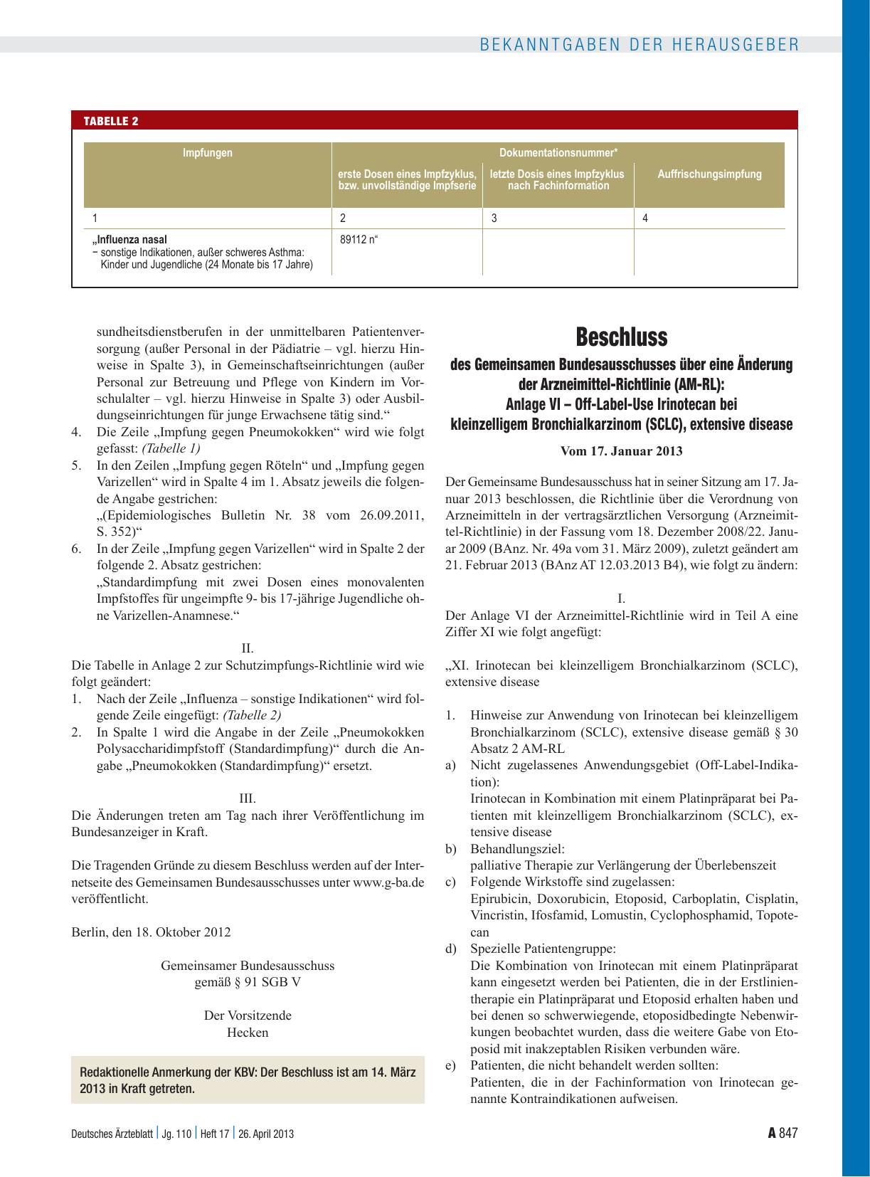Vorschauseite 1: Beschluss des Gemeinsamen Bundesausschusses über eine Änderung der Arzneimittel-Richtlinie (AM-RL): Anlage VI – Off-Label-Use Irinotecan bei kleinzelligem Bronchialkarzinom (SCLC)…