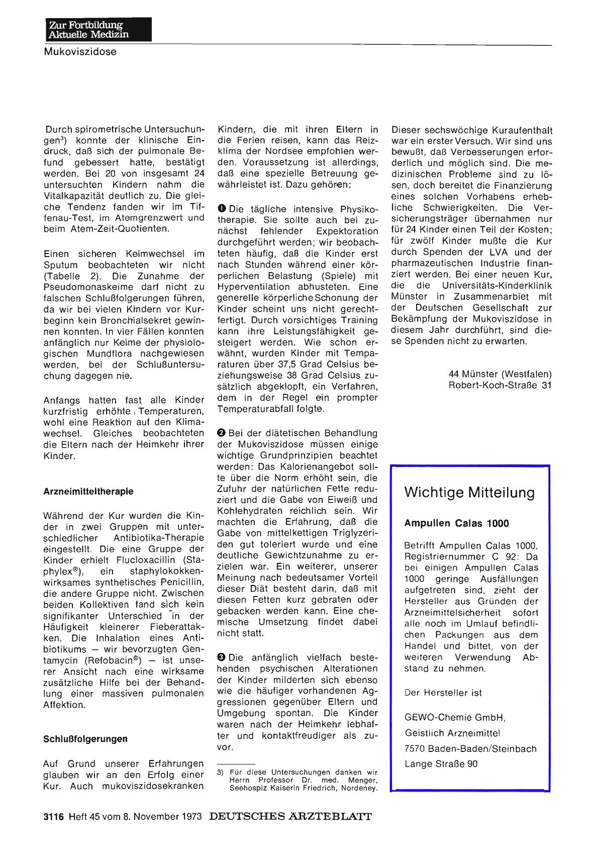Vorschauseite 1: Wichtige Mitteilung: Ampullen Calas 1000