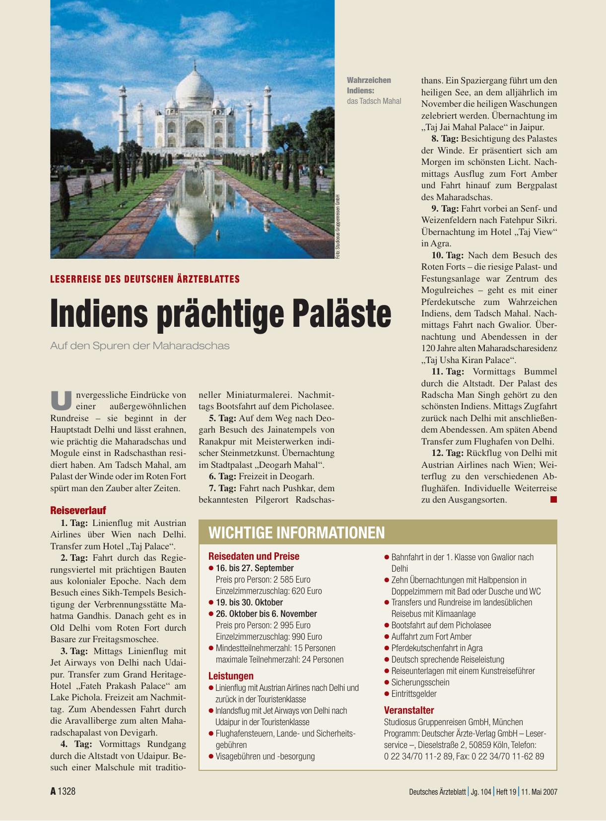 Vorschauseite 1: Leserreise des Deutschen Ärzteblattes: Indiens prächtige Paläste – Auf den Spuren der Maharadschas