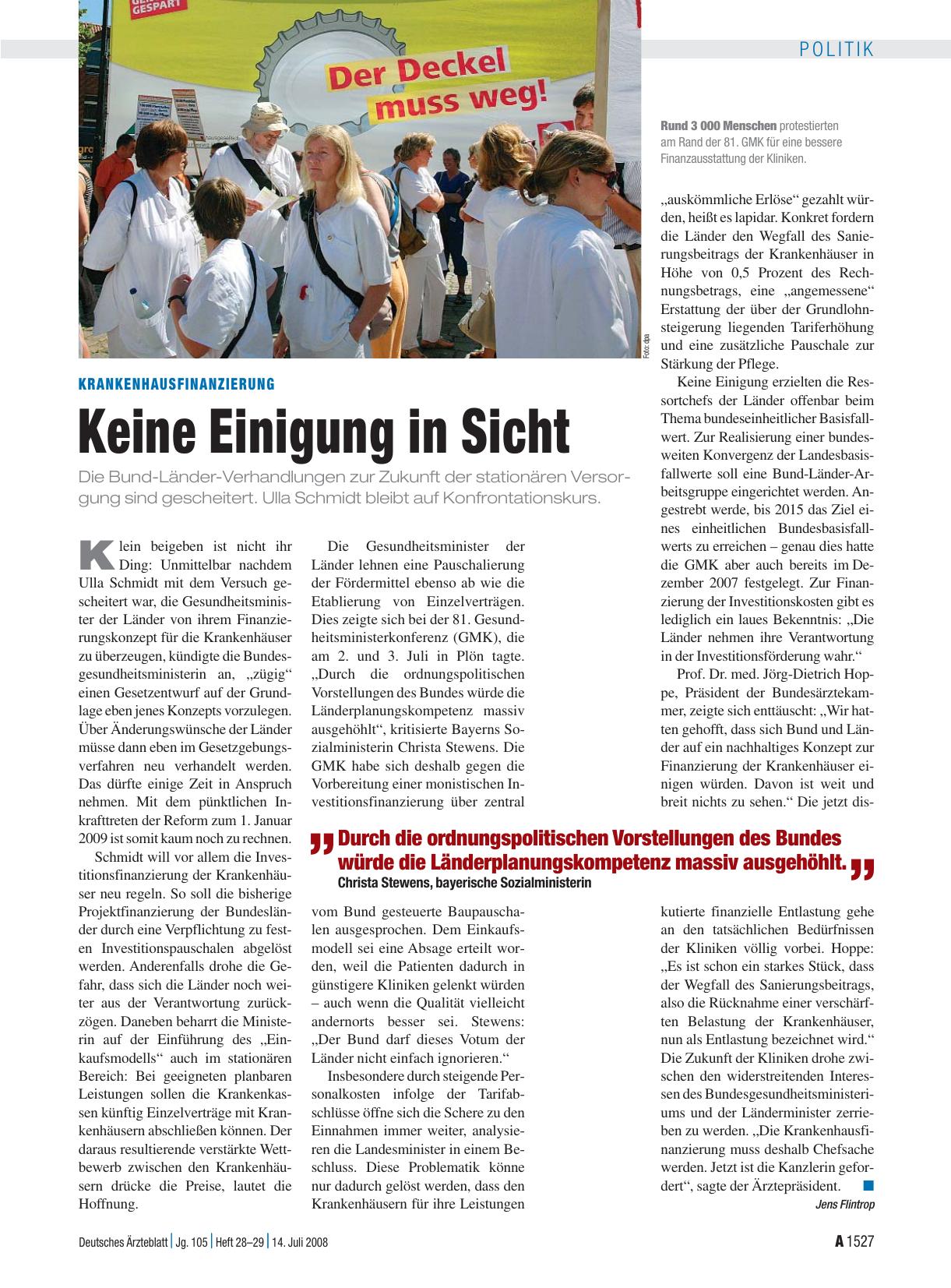 Vorschauseite 1: Krankenhausfinanzierung: Keine Einigung in Sicht