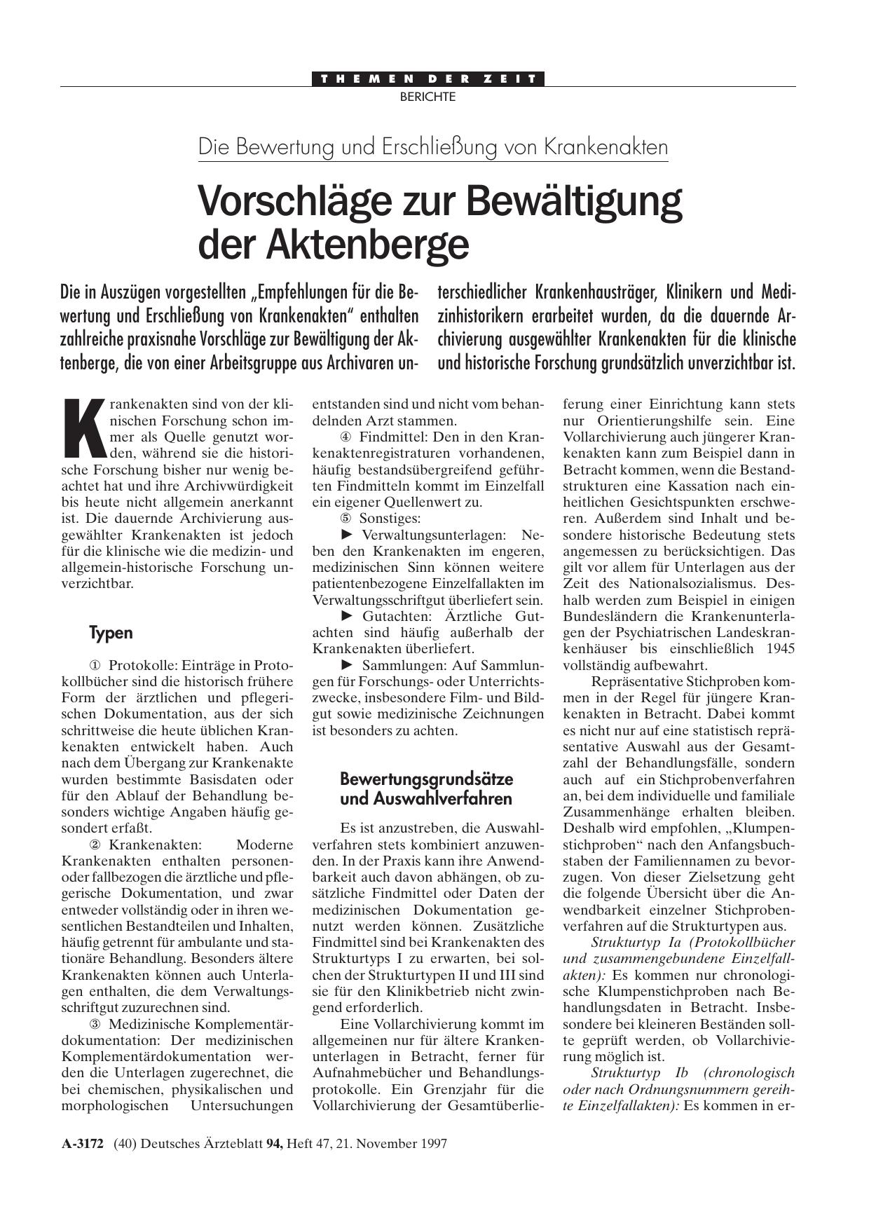 Vorschauseite 1: Die Bewertung und Erschließung von Krankenakten: Vorschläge zur Bewältigung der Aktenberge