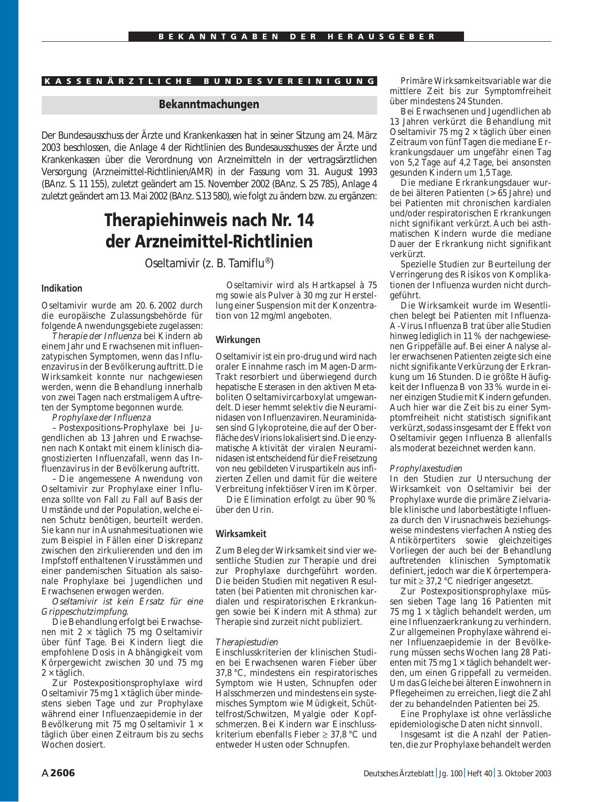 Vorschauseite 1: Bekanntmachungen: Therapiehinweis nach Nr. 14 der Arzneimittel-Richtlinien