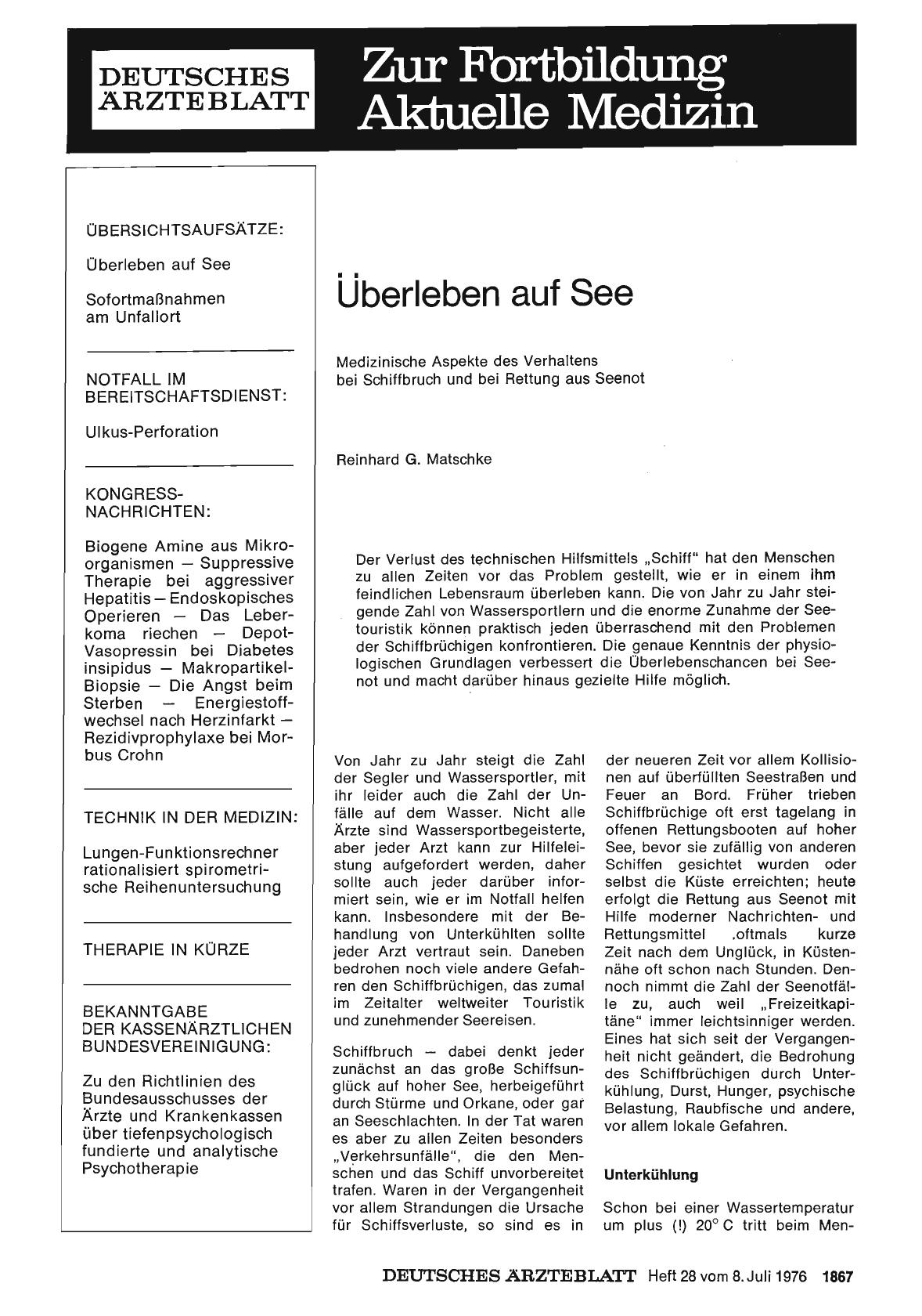 Vorschauseite 1: Überleben auf See: Medizinische Aspekte des Verhaltens bei Schiffbruch und bei Rettung aus Seenot