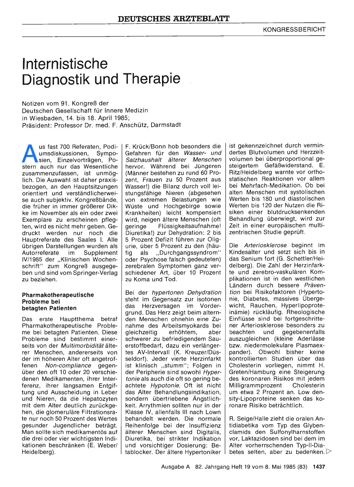 Vorschauseite 1: Internistische Diagnostik und Therapie: Notizen vom 91. Kongreß der Deutschen Gesellschaft für Innere Medizin in Wiesbaden, 14. bis 18. April 1985