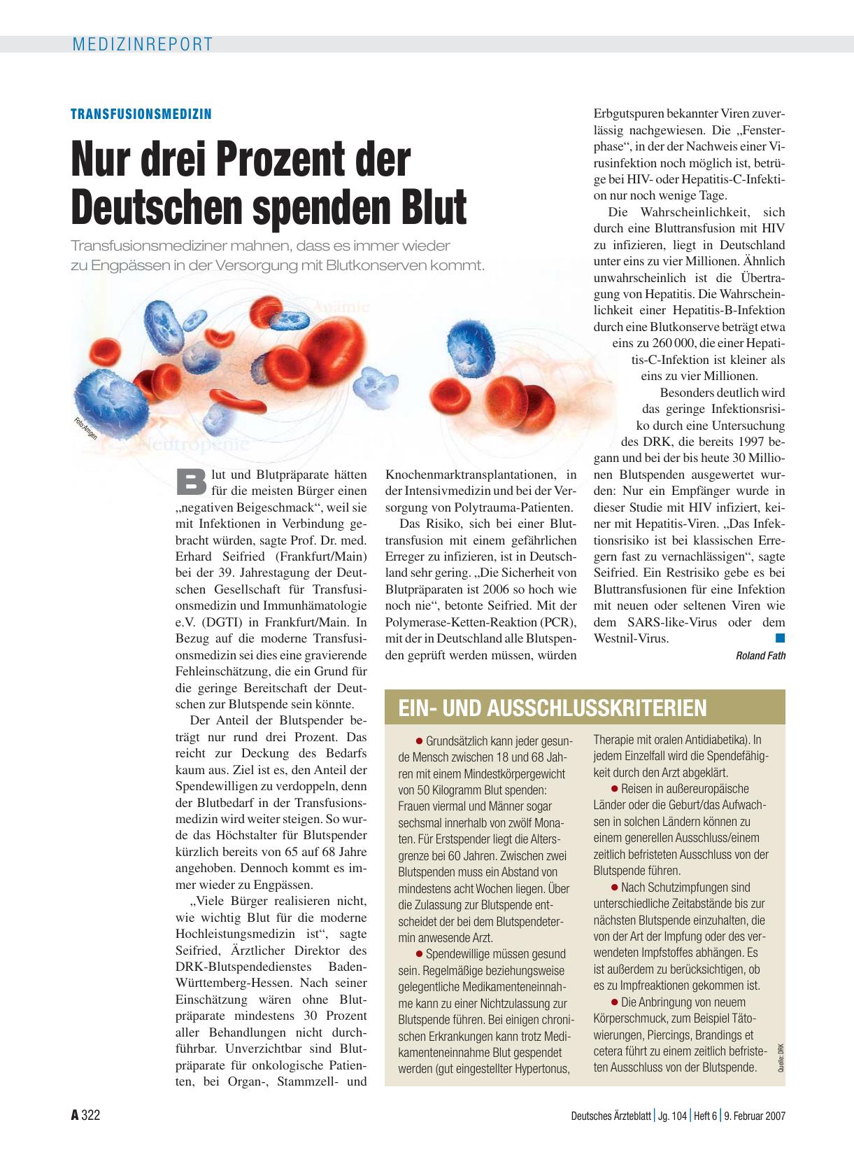 Vorschauseite 1: Transfusionsmedizin: Nur drei Prozent der Deutschen spenden Blut