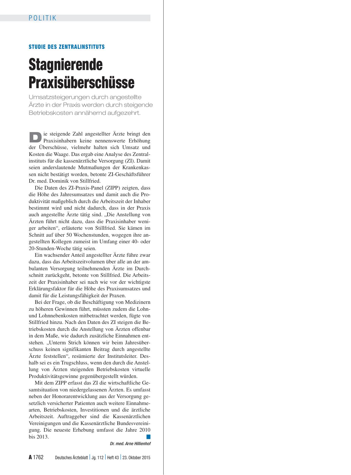 Vorschauseite 1: Studie des Zentralinstituts: Stagnierende Praxisüberschüsse