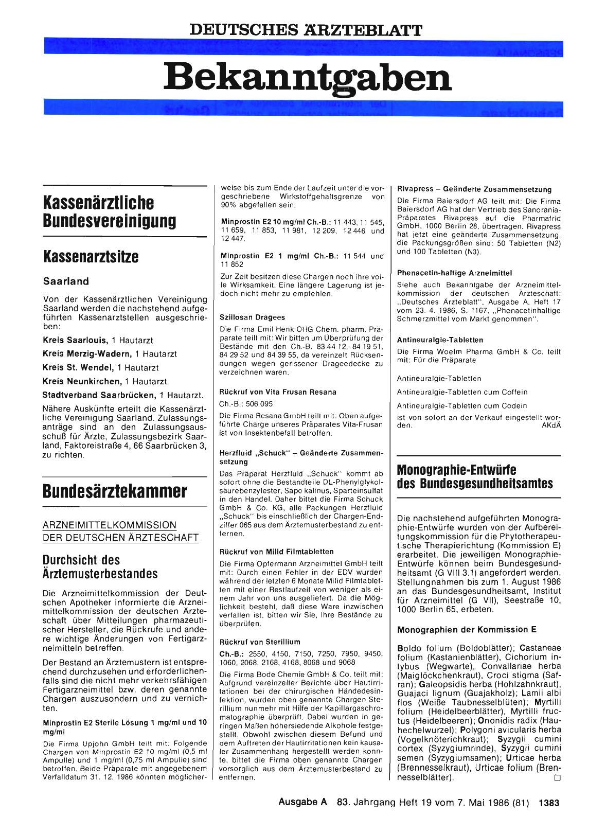 Vorschauseite 1: Monographie-Entwürfe des Bundesgesundheitsamtes