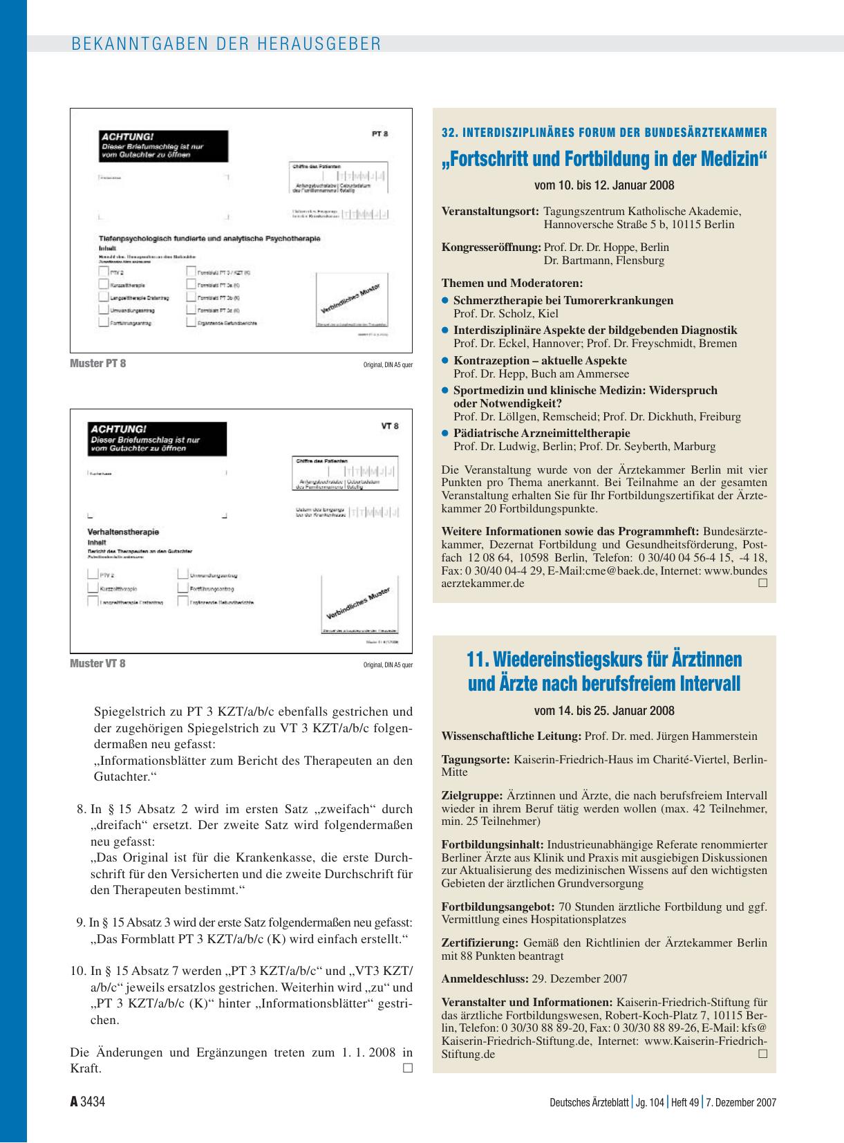 Vorschauseite 1: 32. Interdisziplinäres Forum der Bundesärztekammer „Fortschritt und Fortbildung in der Medizin“ vom 10. bis 12. Januar 2008