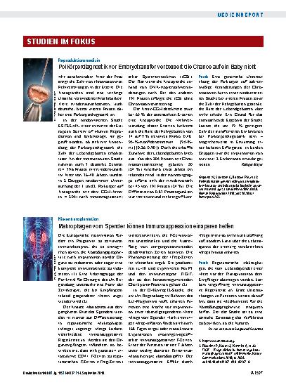 Vorschauseite 1: Reproduktionsmedizin: Polkörperdiagnostik vor Embryotransfer verbessert die Chance auf ein Baby nicht
