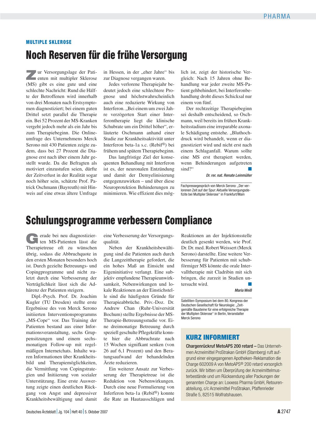 Vorschauseite 1: Multiple Sklerose: Noch Reserven für die frühe Versorgung