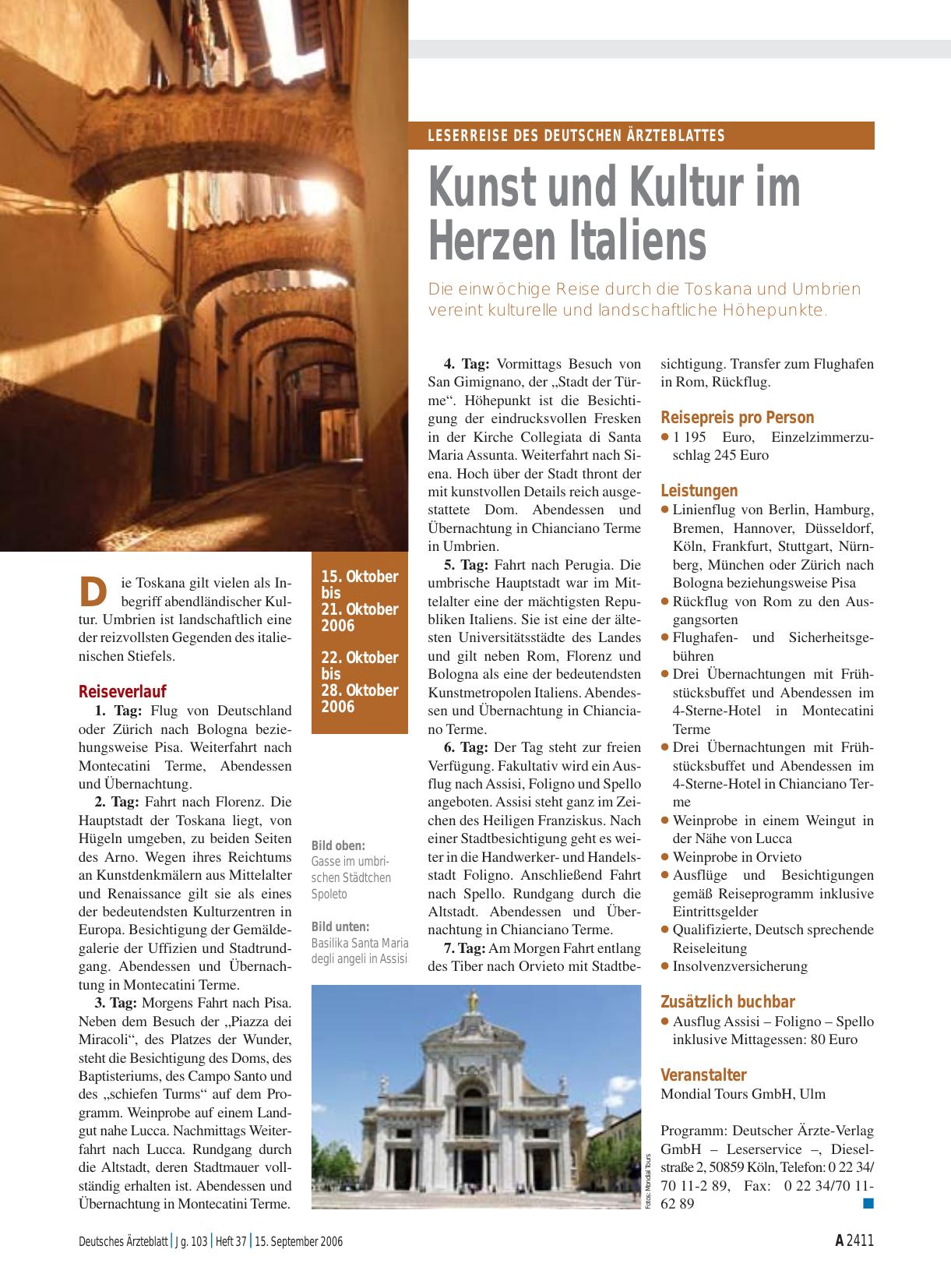 Vorschauseite 1: Leserreise des Deutschen Ärzteblattes: Kunst und Kultur im Herzen Italiens