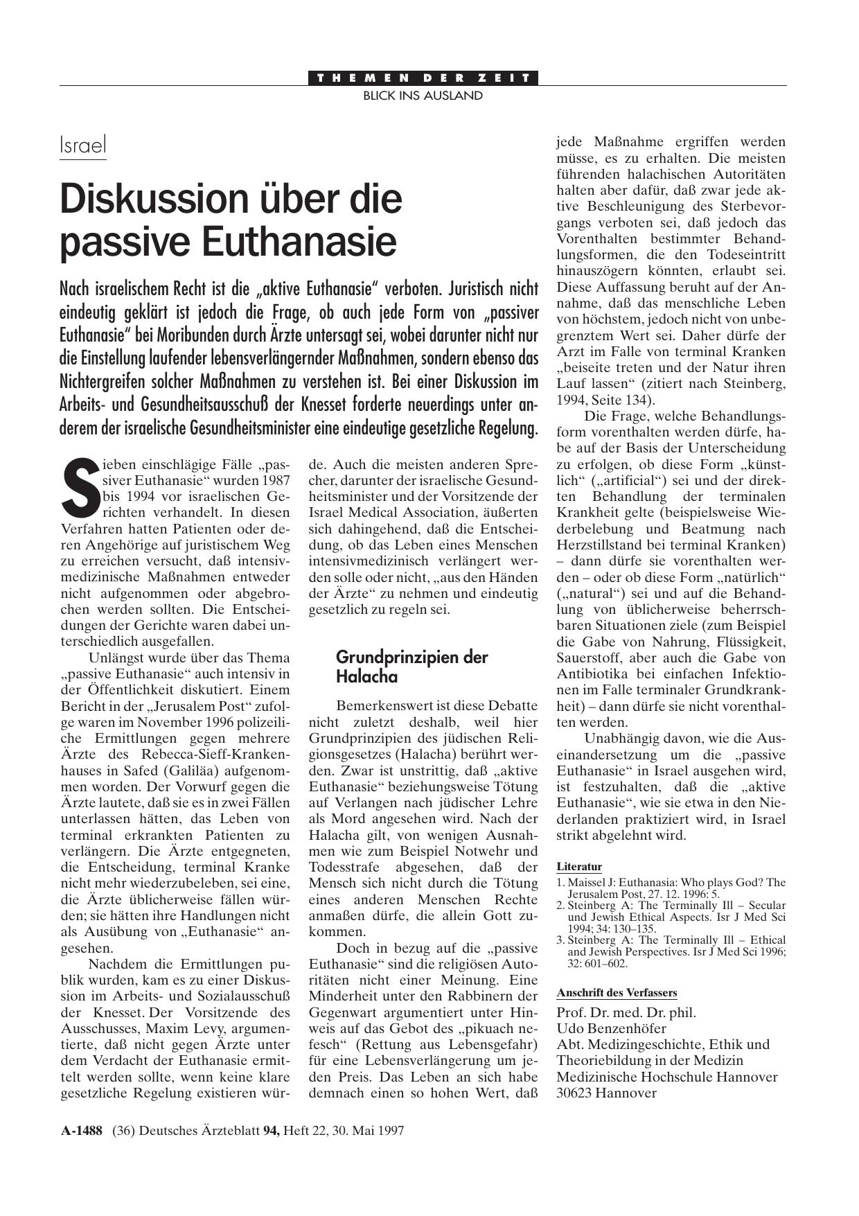 Vorschauseite 1: Israel: Diskussion über die passive Euthanasie