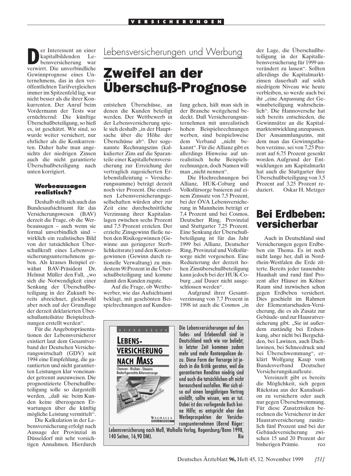 Vorschauseite 1: Lebensversicherungen und Werbung: Zweifel an der Überschuß-Prognose