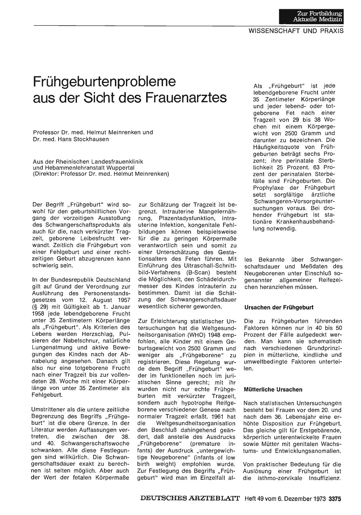 Vorschauseite 1: Frühgeburtenprobleme aus der Sicht des Frauenarztes